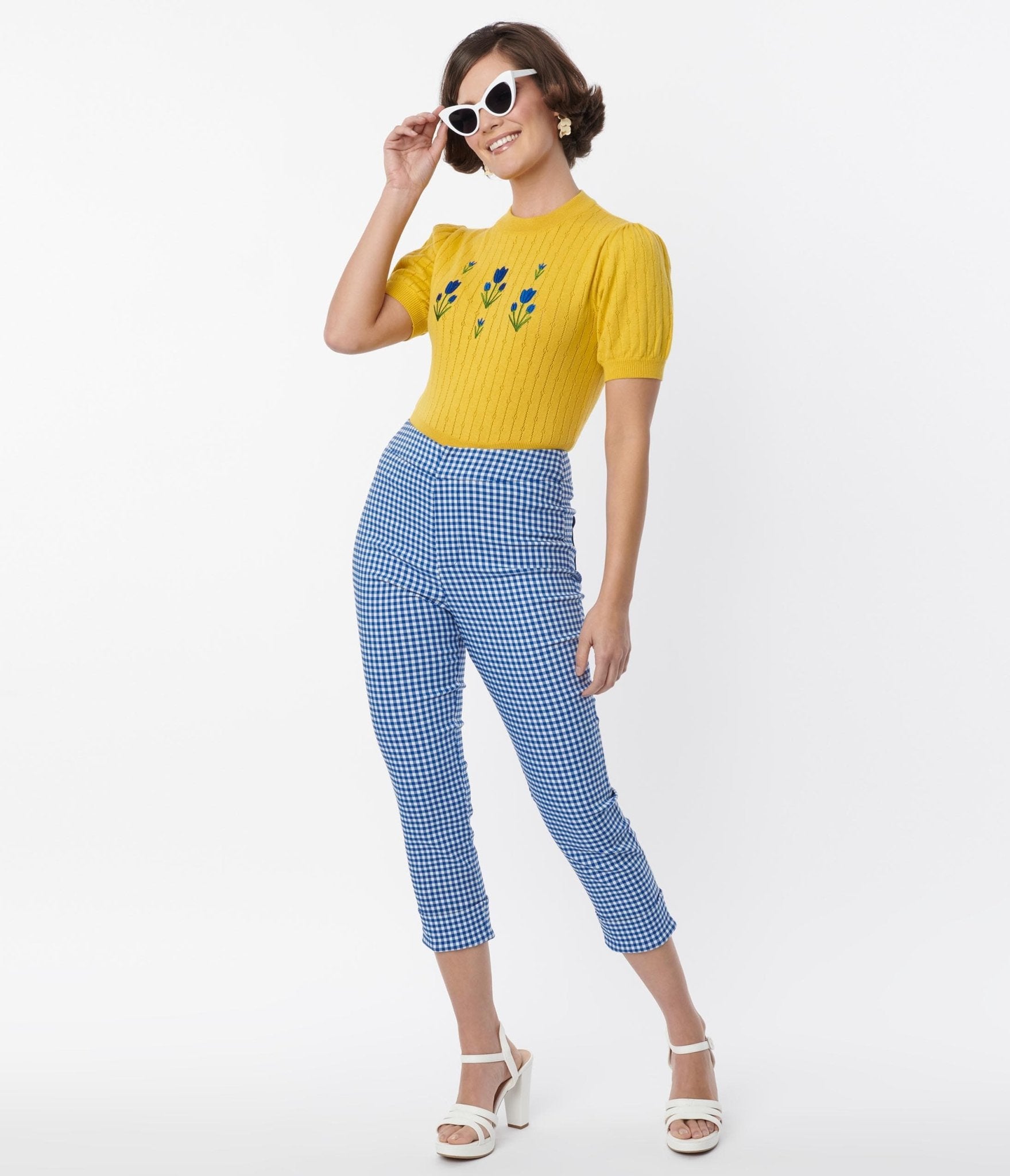 Smak Parlour Blue Gingham Tulip Pocket Smarty Pants Capri