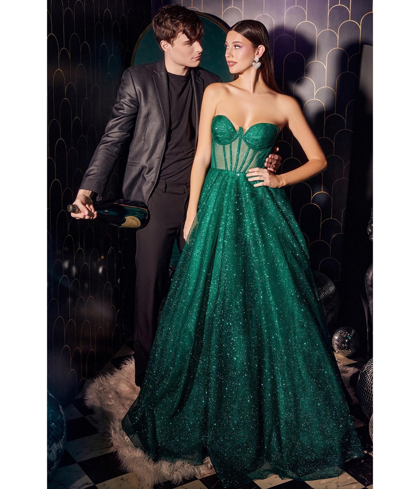 Ladivine by Cinderella Divine Emerald Glitter Strapless Corset Prom Gown