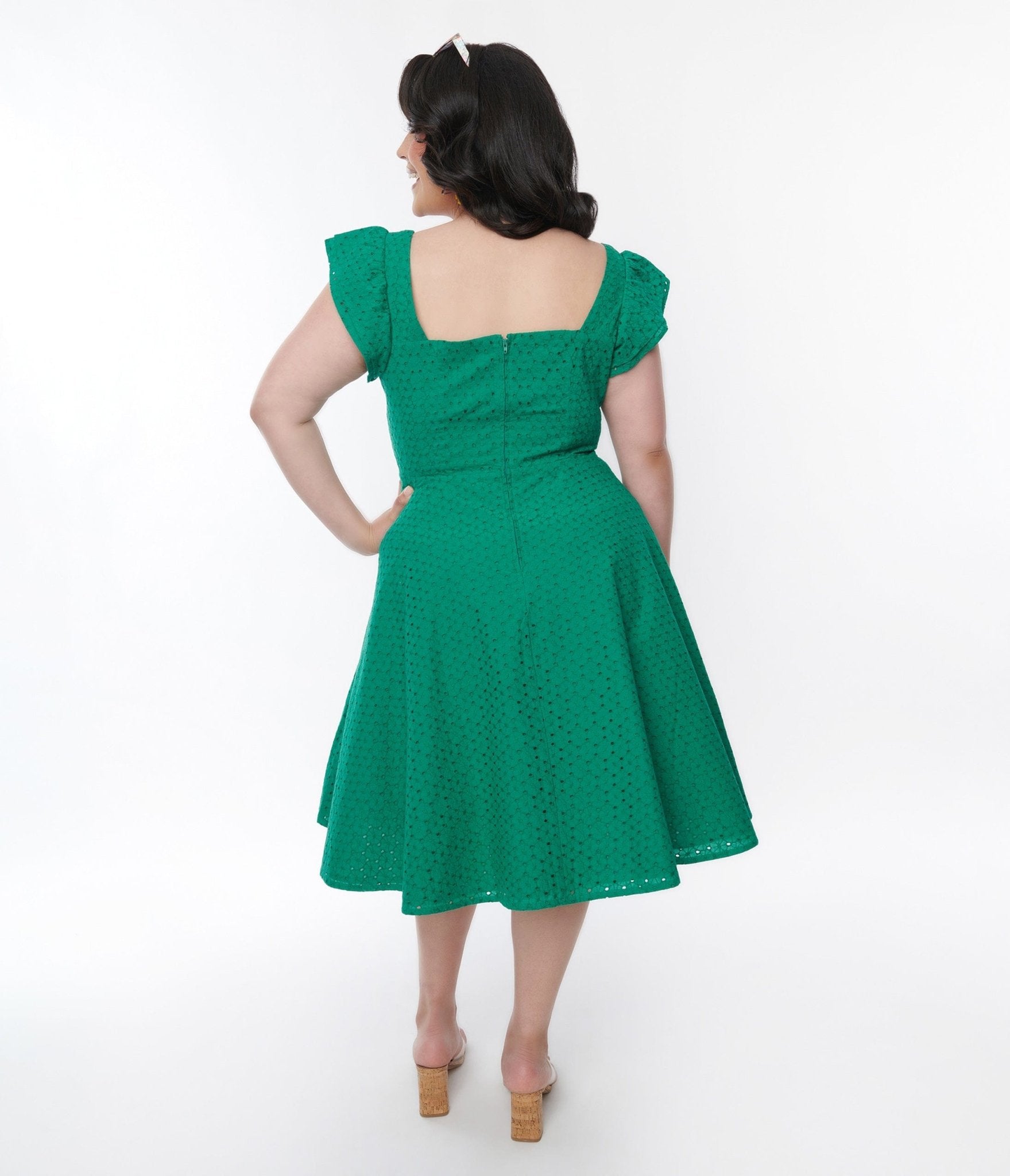 Green Eyelet Ruffle Sleeve Swing Dress