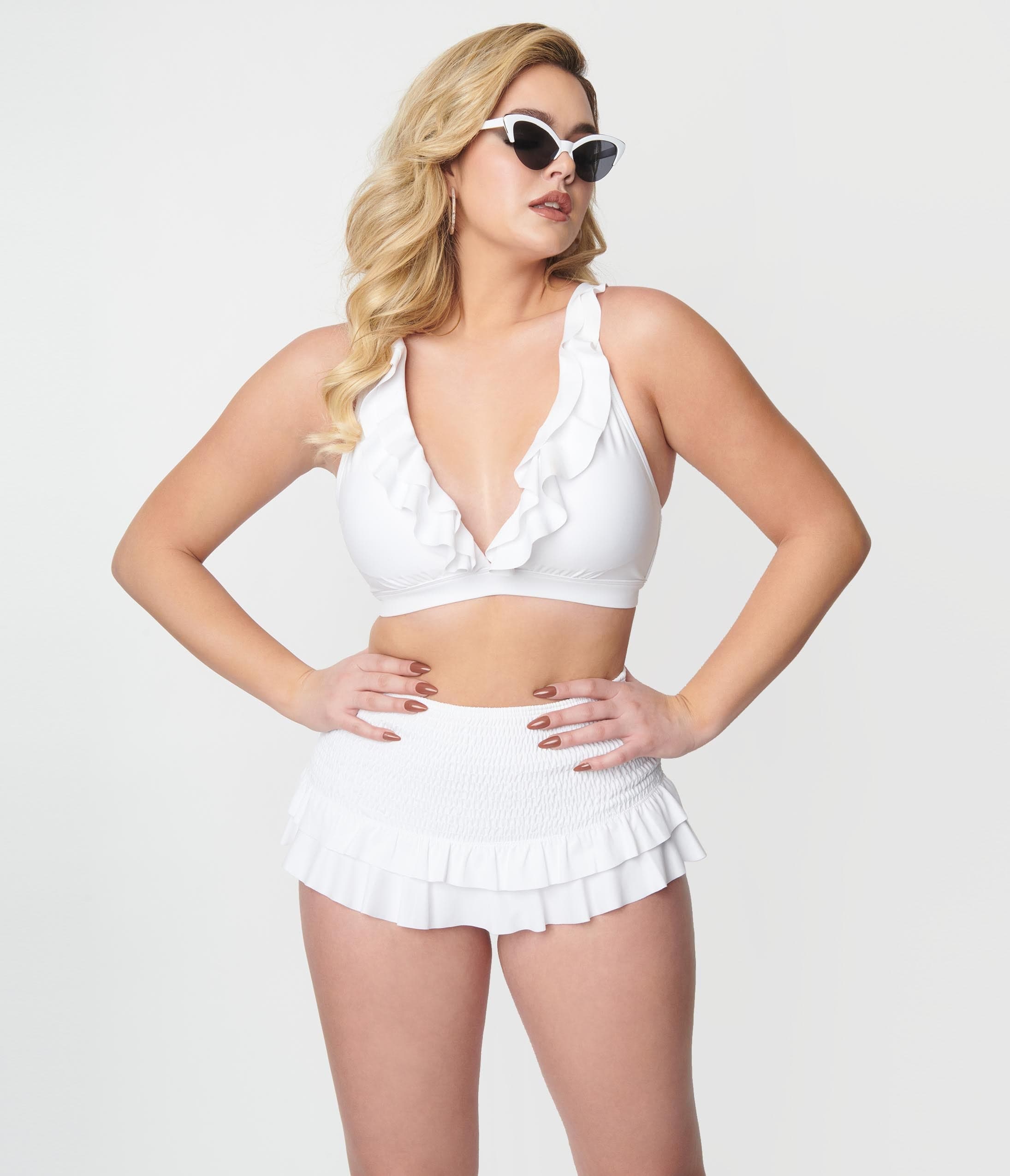 Unique Vintage White Ruffle Halter Swim Top