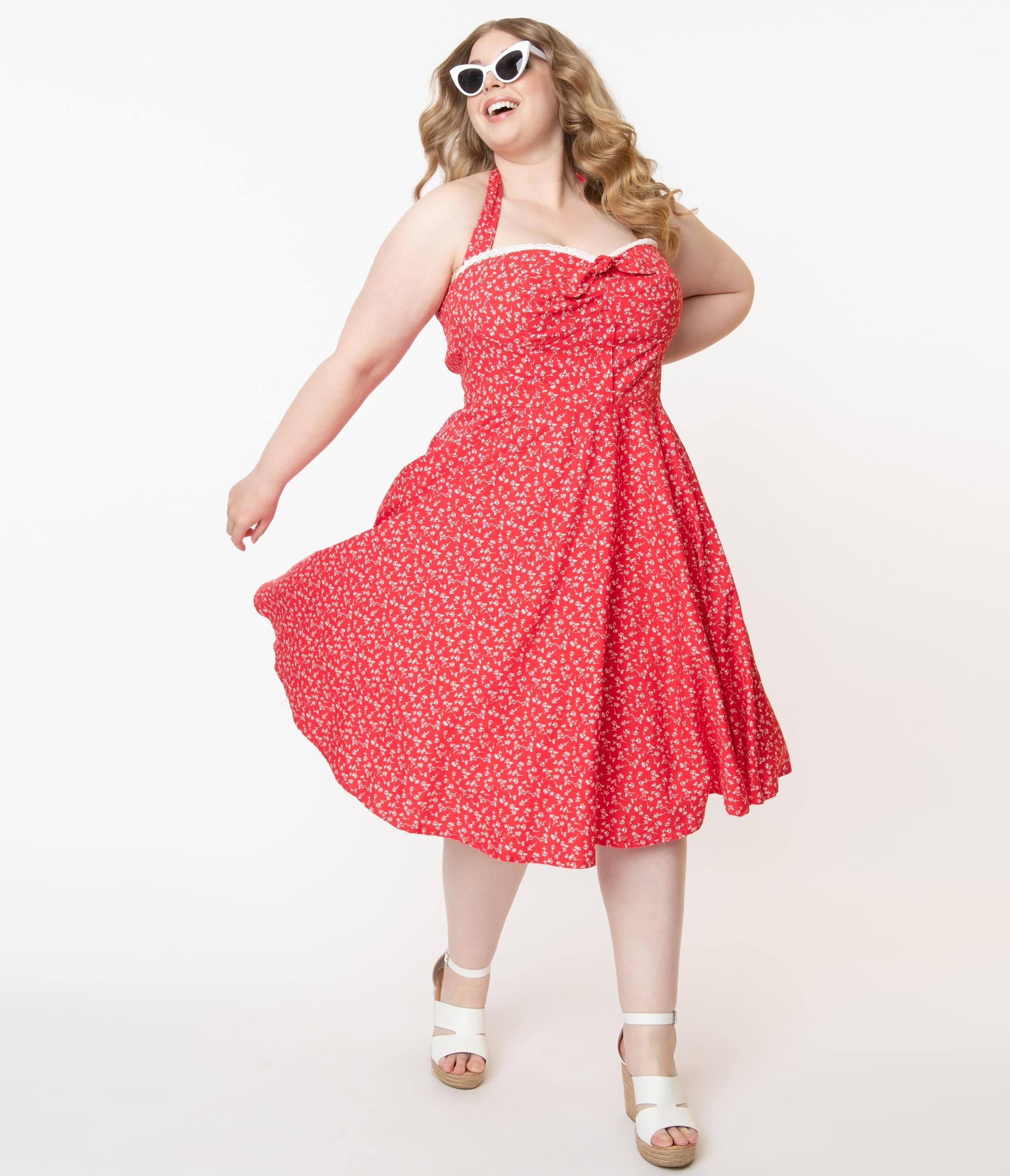 Plus Size Retro Red & White Floral Halter Kimberly Swing Dress