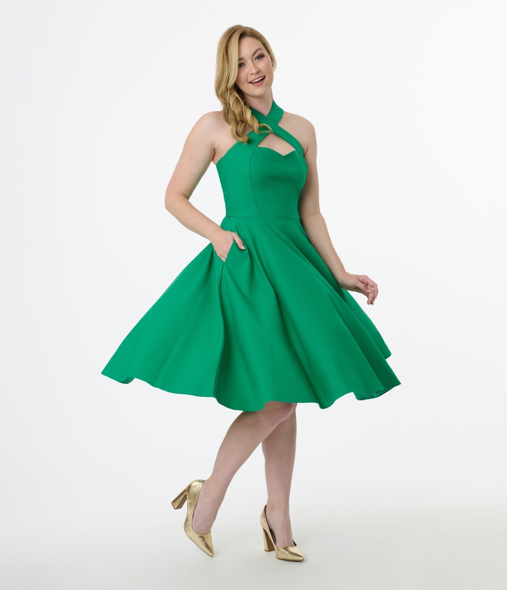 Unique Vintage 1950s Green Criss Cross Halter Rita Flare Dress