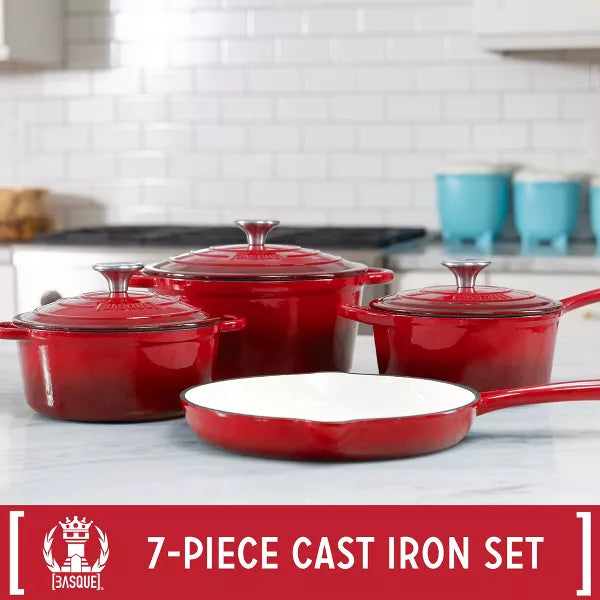 Basque Enameled Cast Iron Cookware Set, 7-Piece Set, Nonstick, Oven Safe, Red