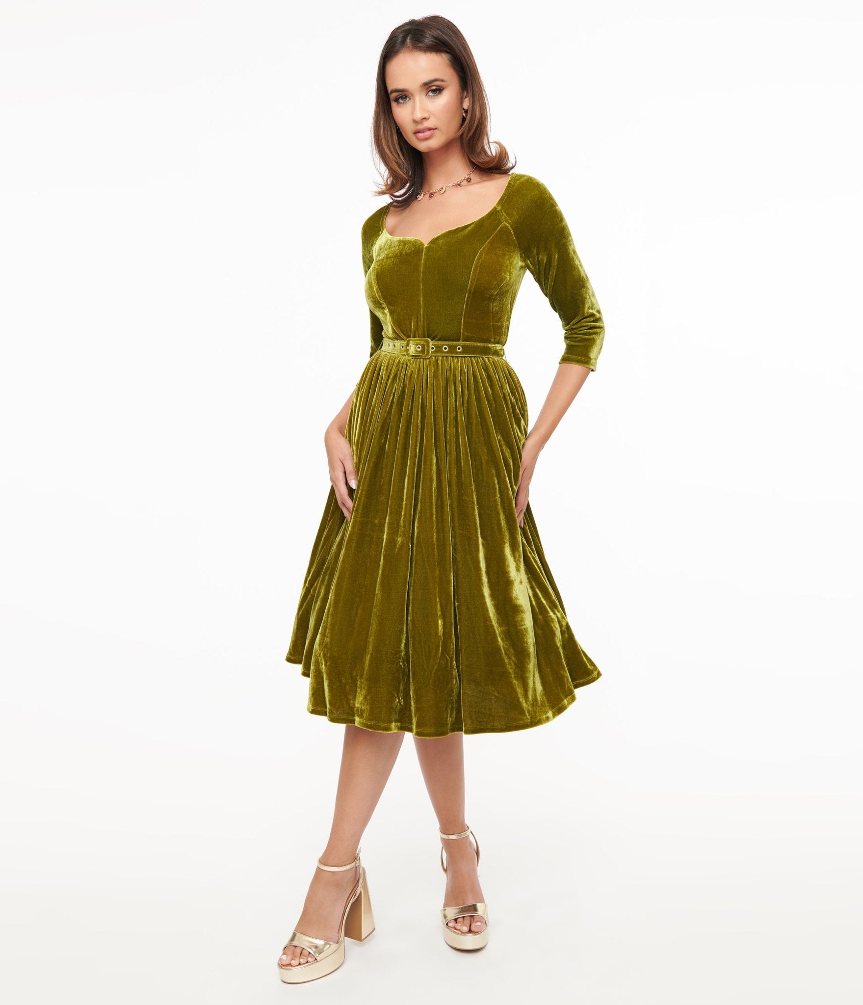 Unique Vintage 1950s Chartreuse Velvet Sweetheart Swing Dress