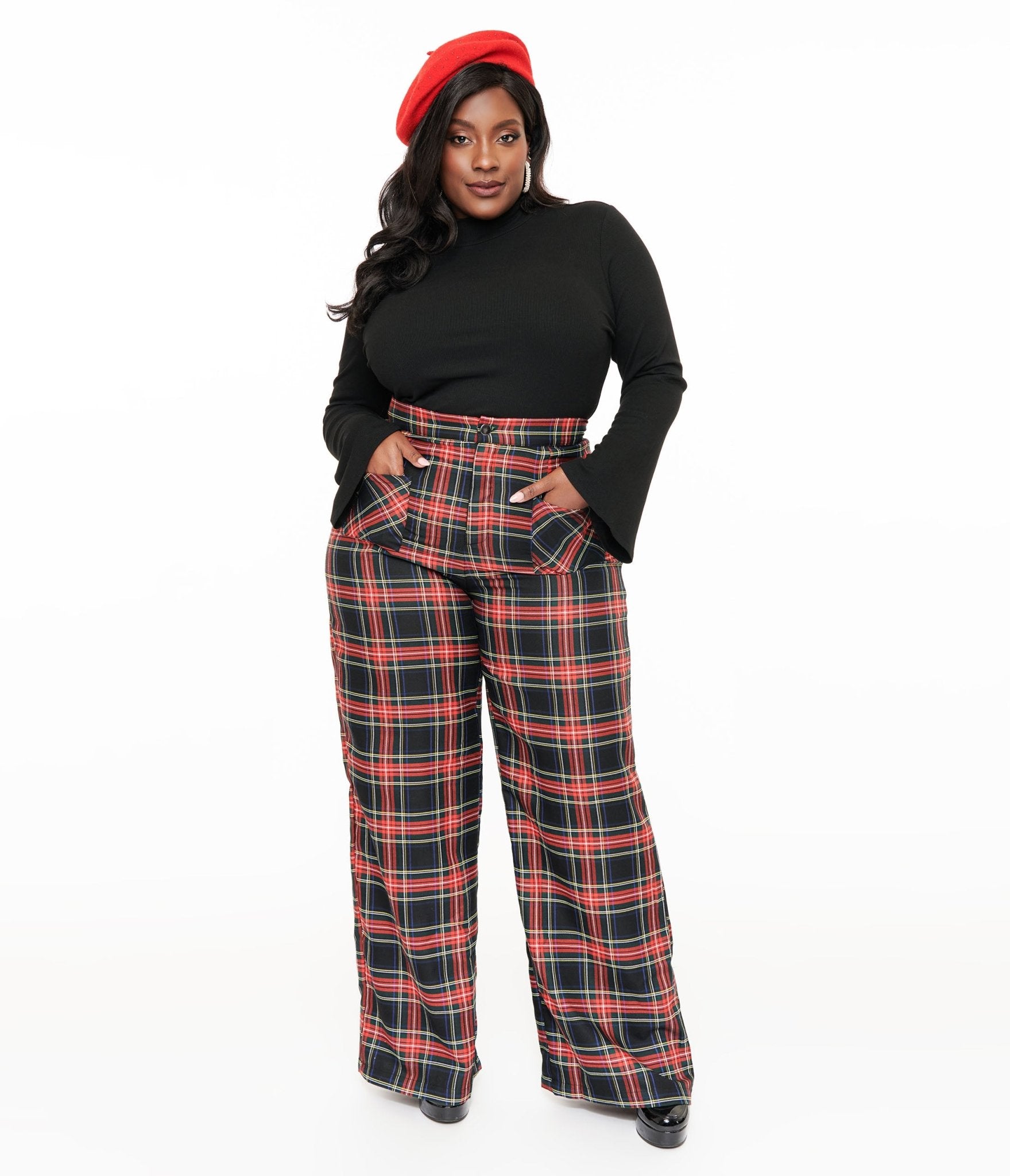 Smak Parlour Plus Size 1960s Black & Red Plaid Wide Leg Trousers