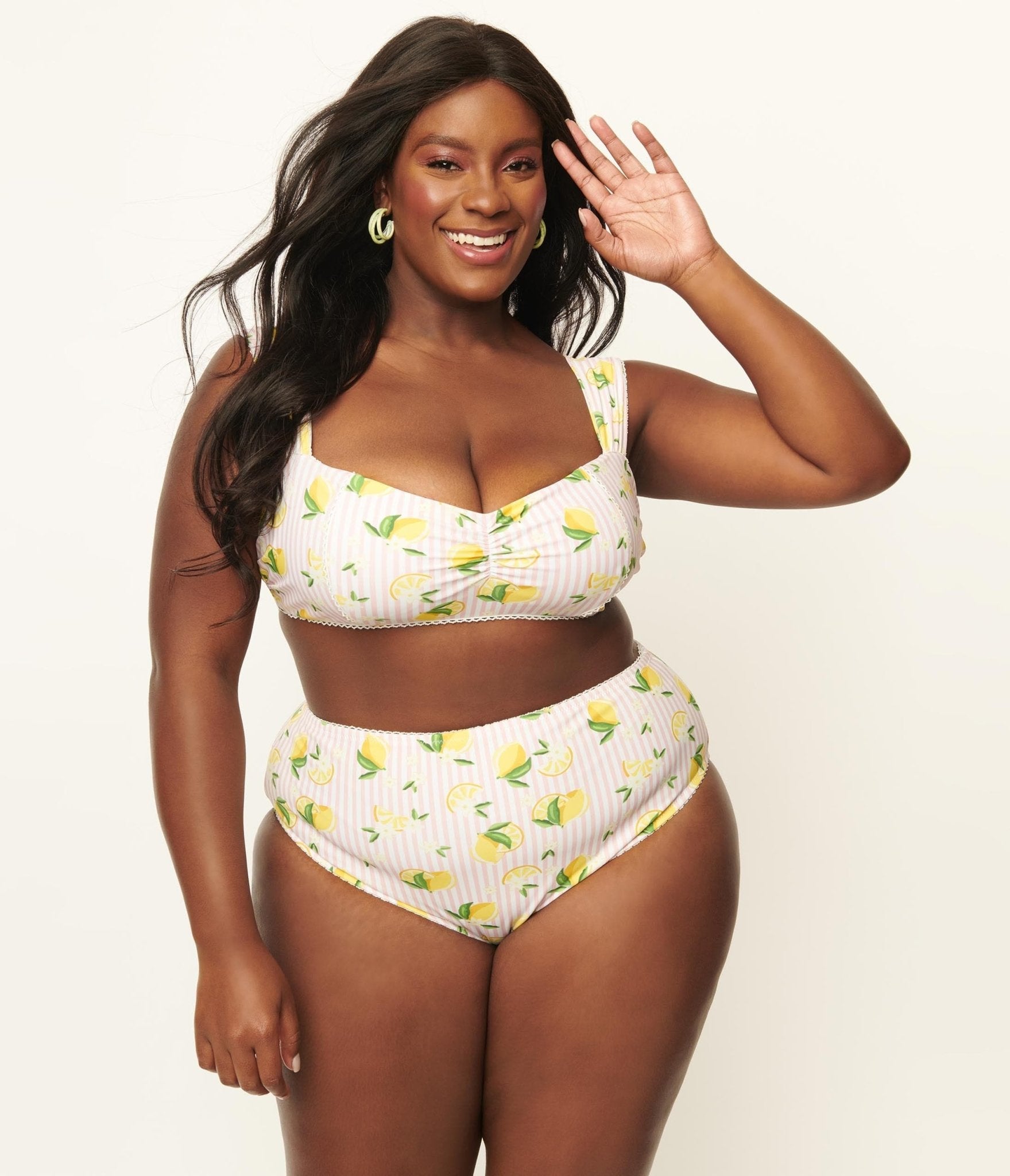 Unique Vintage Plus Size Light Pink Stripes & Lemons Ruched & Ready Swim Top