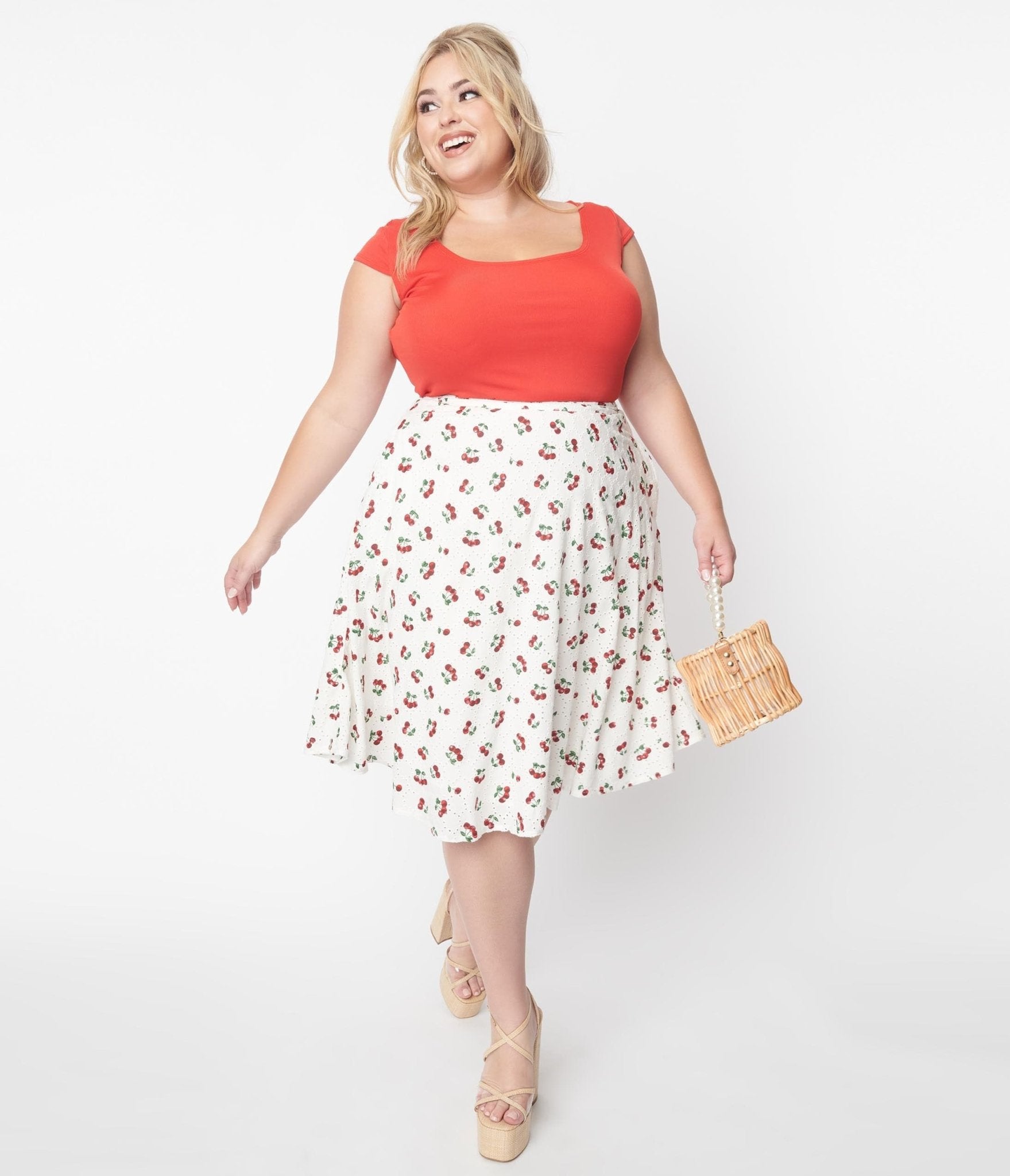 Collectif White & Red Cherry Mattie Broderie Swing Skirt