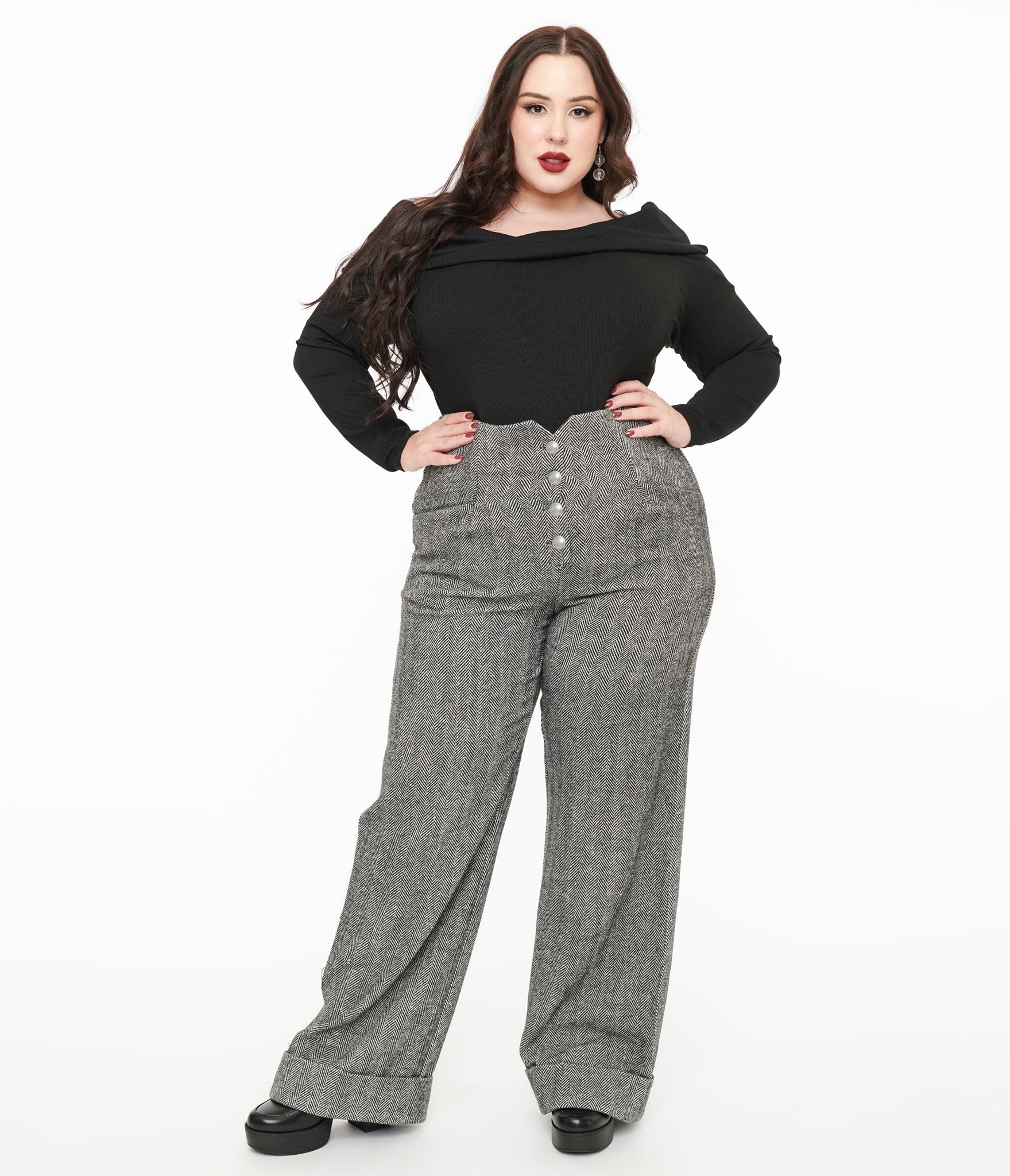 Unique Vintage Plus Size 1940s Grey Herringbone Buttoned Wide Leg Trousers