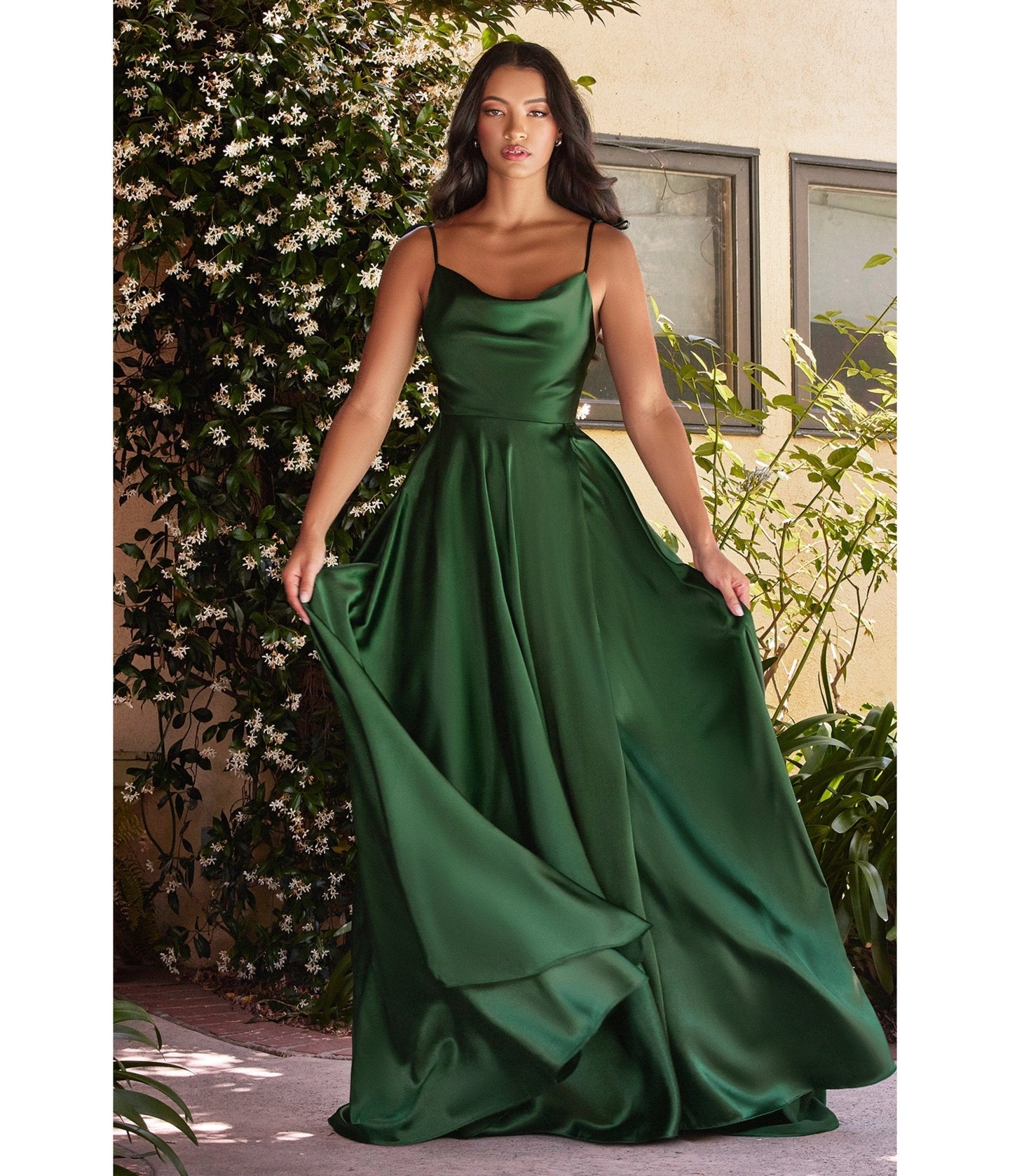 Ladivine by Cinderella Divine Emerald Liquid Satin Prom Gown