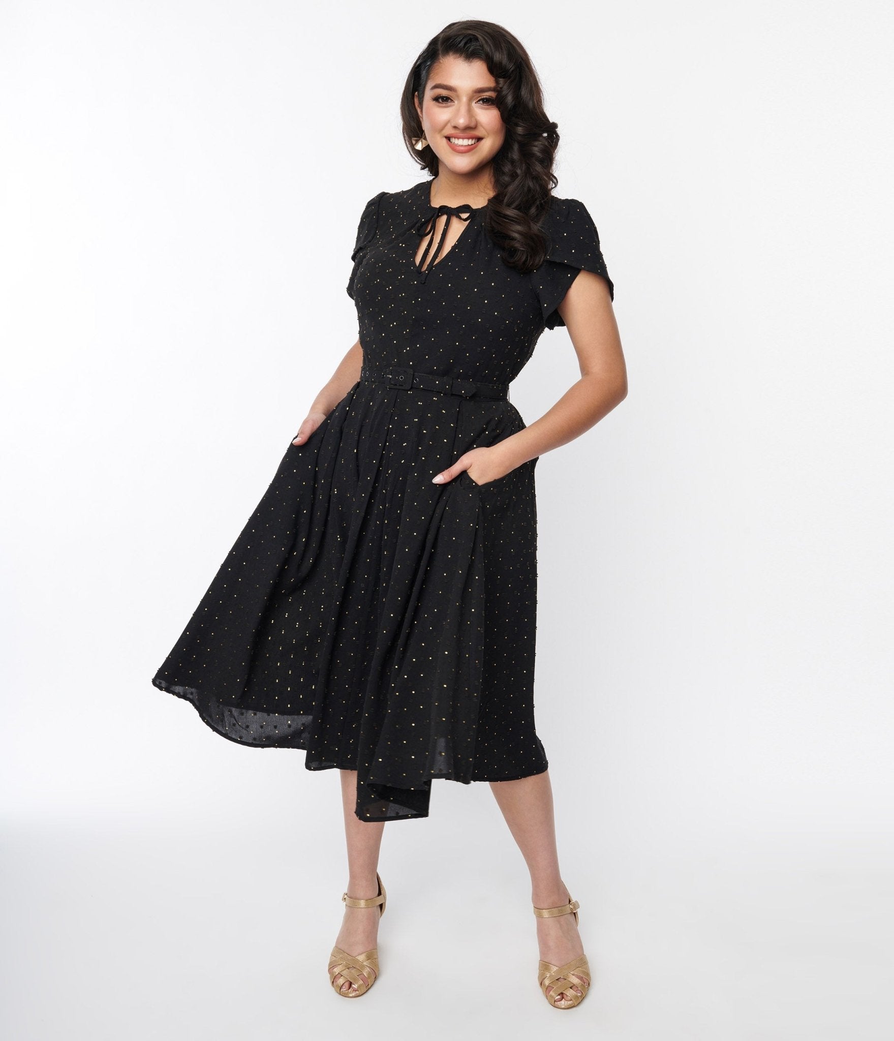 Unique Vintage Black & Gold Clip Dot Dahlia Swing Dress