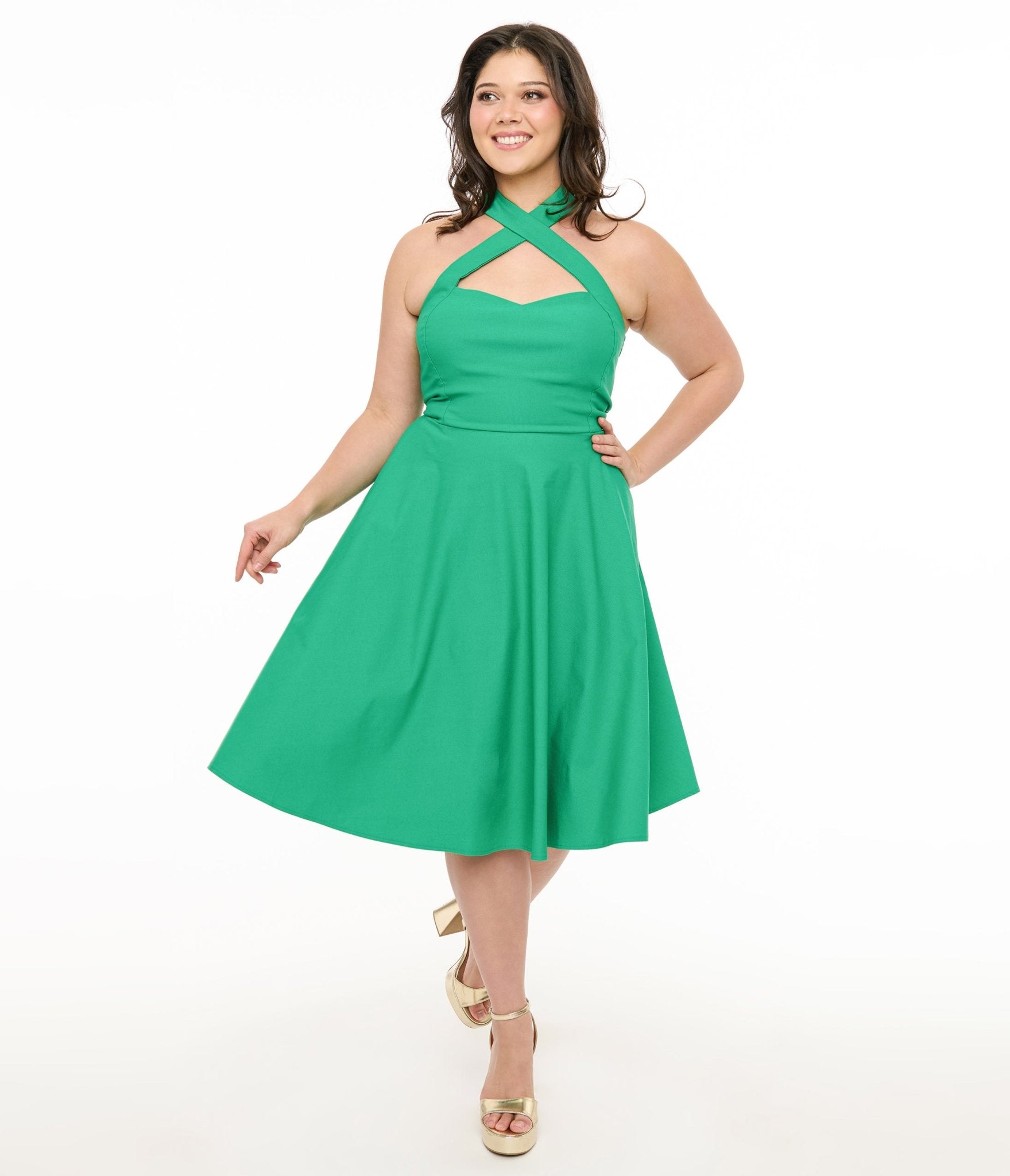 Unique Vintage Plus Size 1950s Green Criss Cross Halter Rita Flare Dress