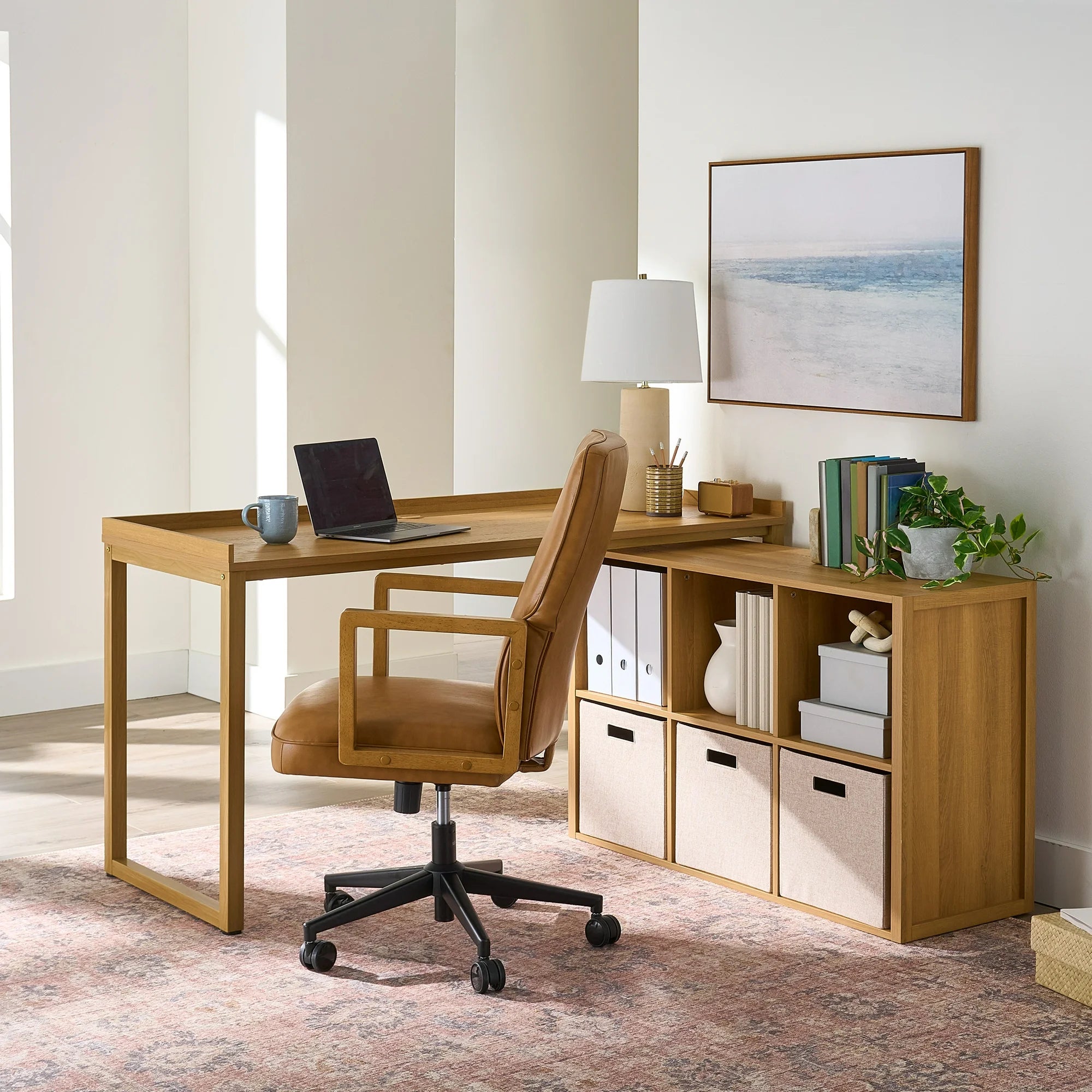 Better Homes & Gardens BH5436118664004 Ezra Modular L Desk with 6-Cube Storage, Light Honey Finish