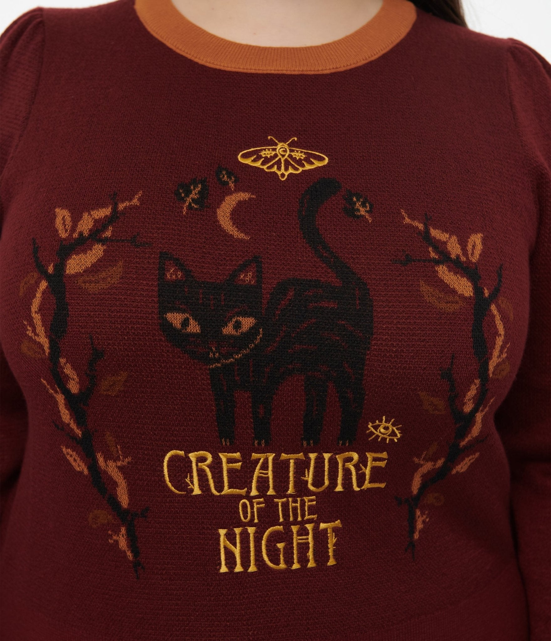 Disney Hocus Pocus Collection by Unique Vintage Plus Size Burgundy Binx Hocus Pocus Embroidered Sweater