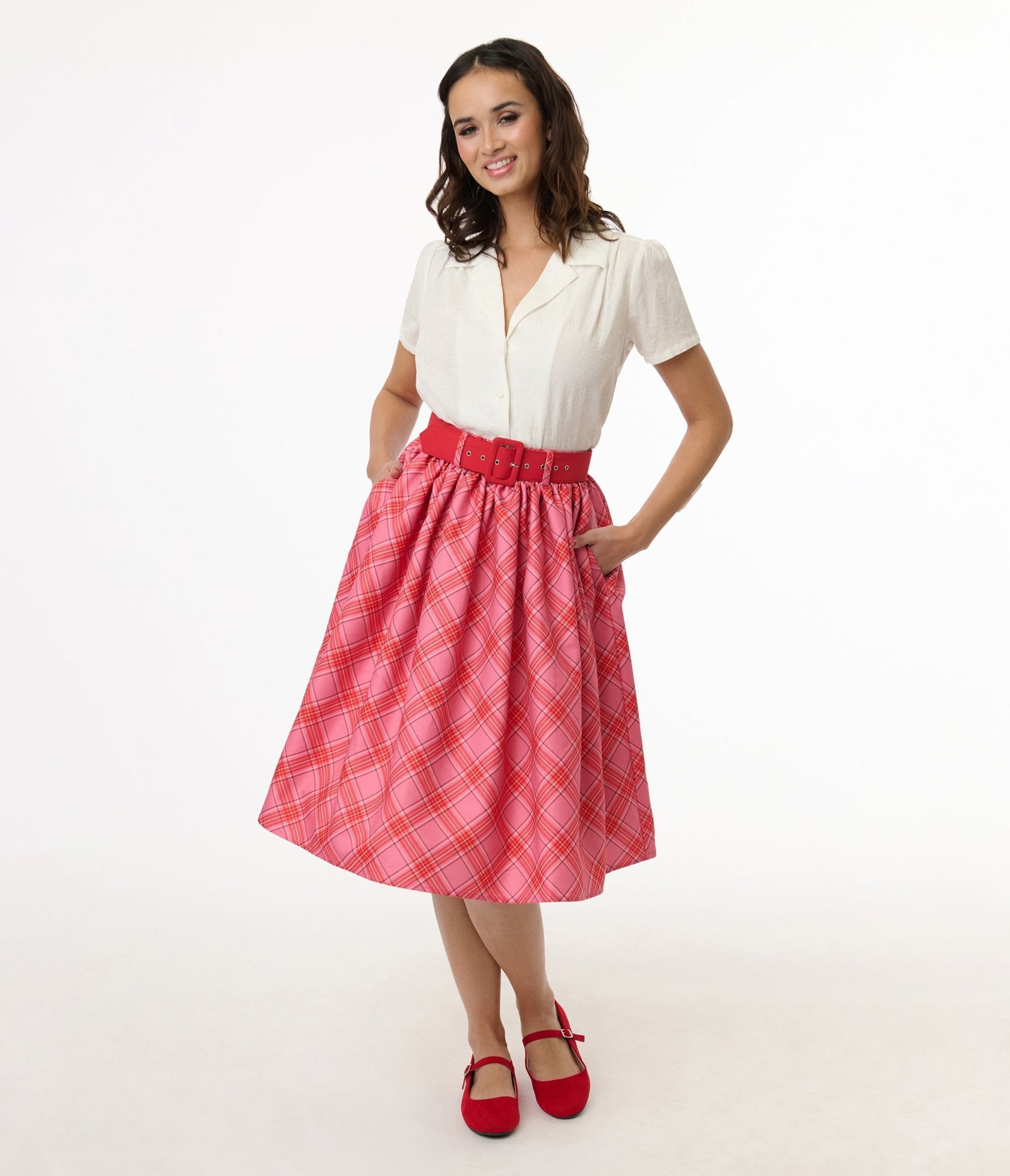 Unique Vintage 1950s Pink & Red Plaid Belted Gellar Swing Skirt