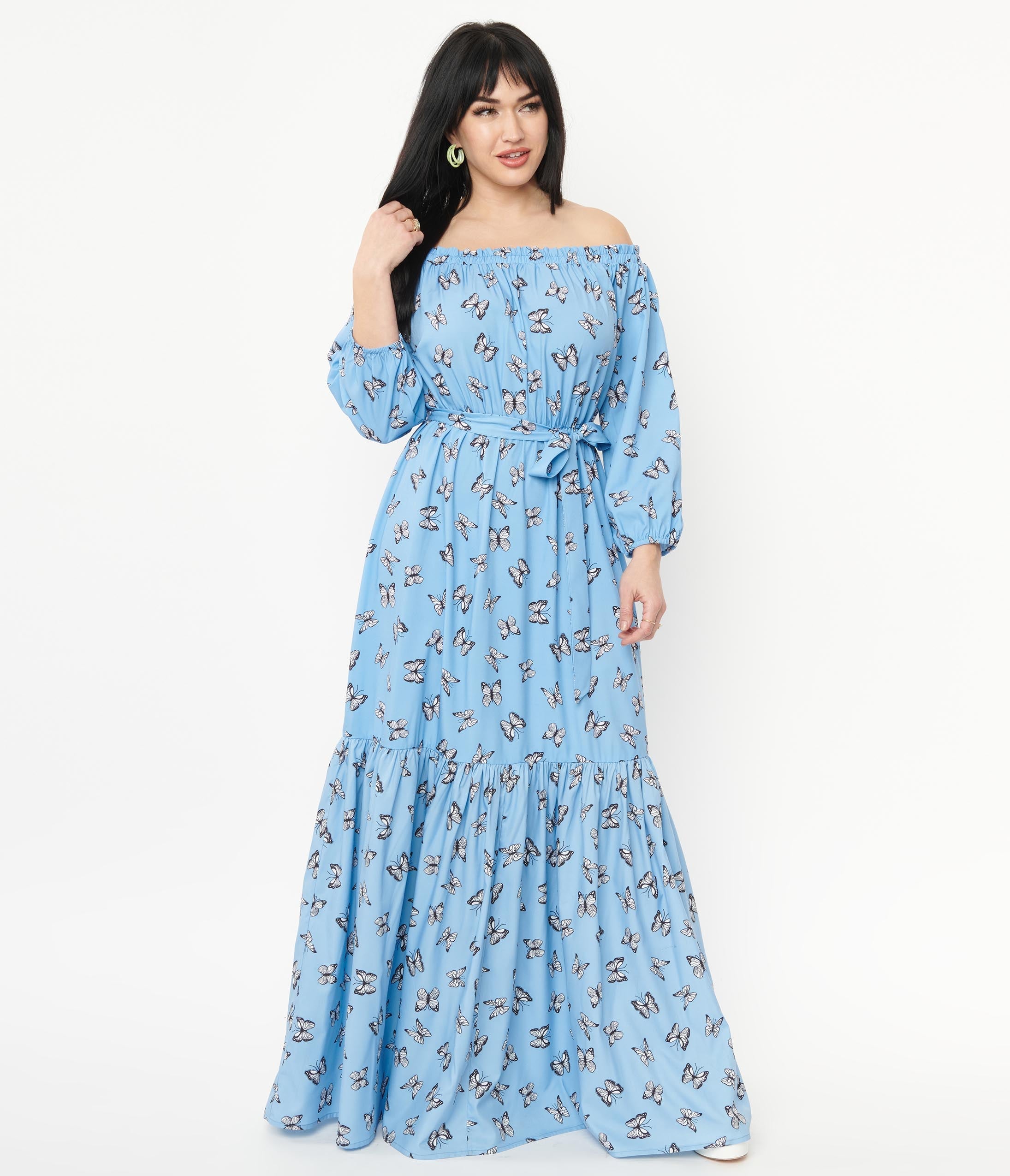 Unique Vintage 1970s Blue & Butterfly Sweet Escape Maxi Dress