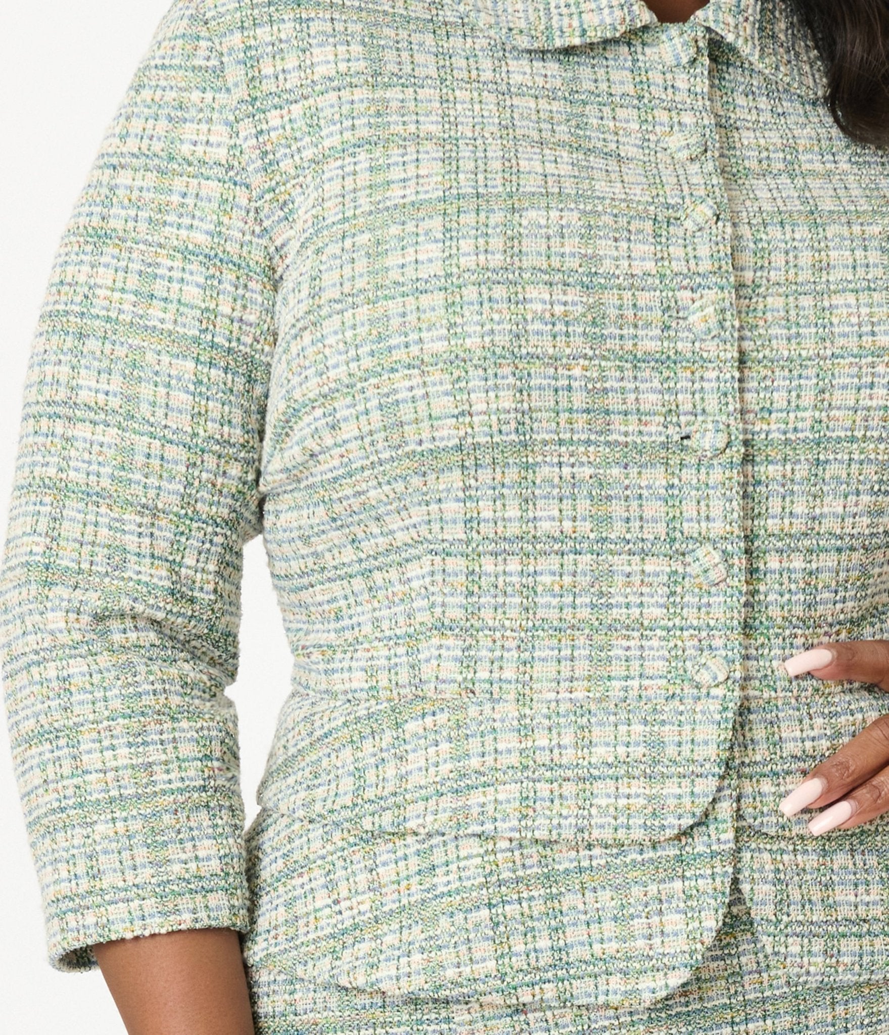 Unique Vintage Plus Size 1940s Green Plaid Boucle Peplum Jacket