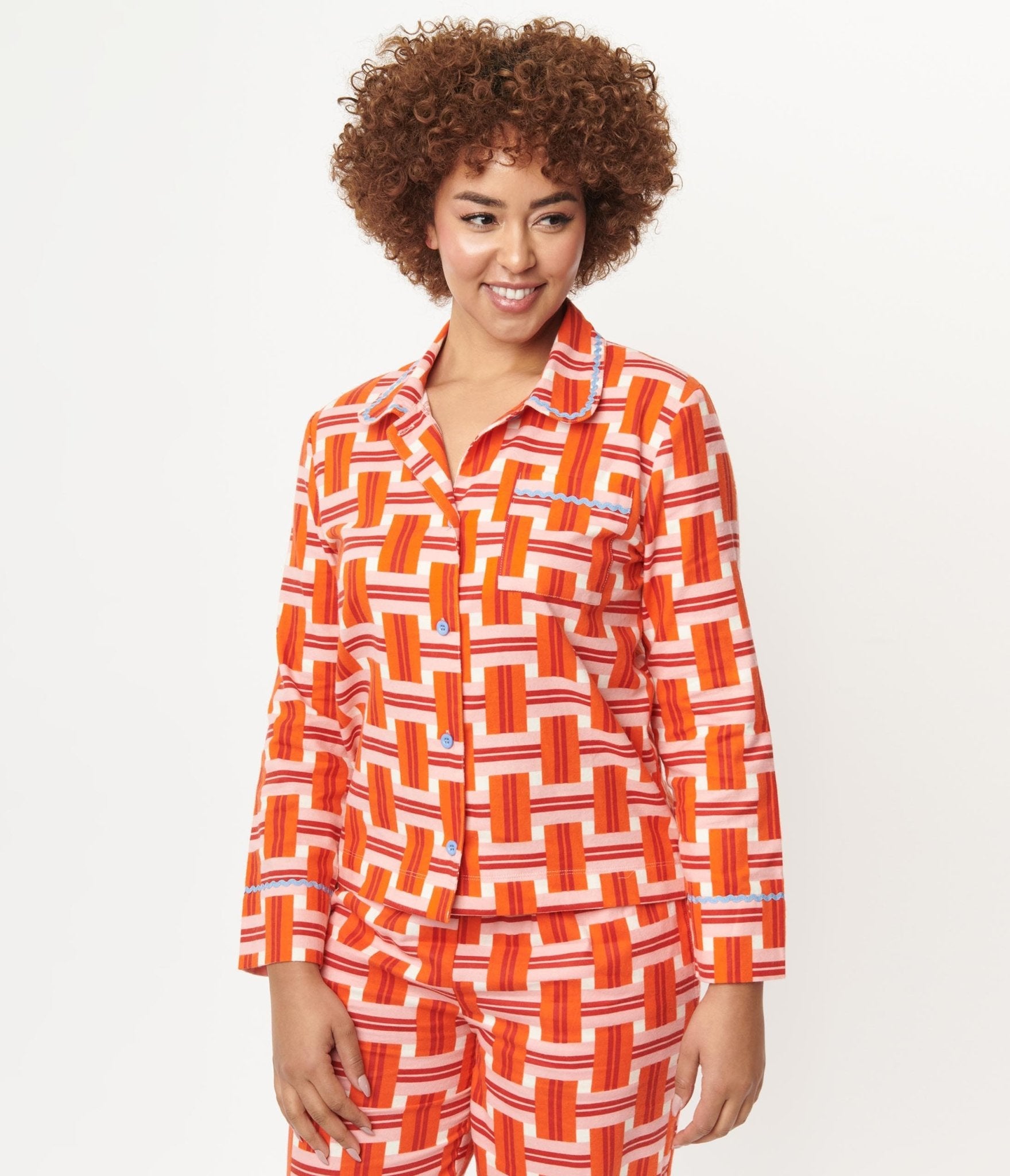 Orange & Red Basket Plaid Pajama Top