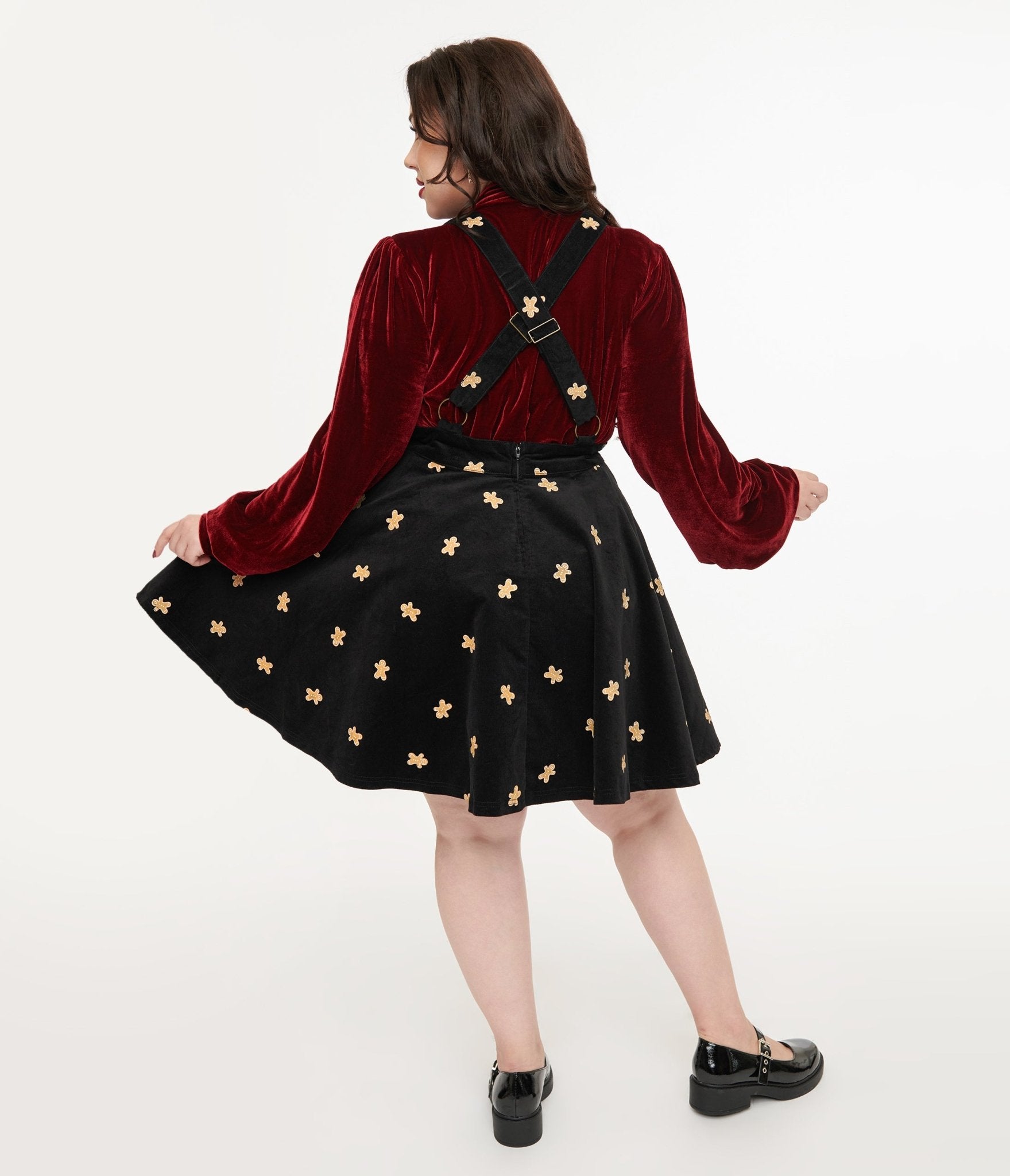 Unique Vintage Plus Size 1950s Black & Gingerbread Brionne Pinafore Skirt