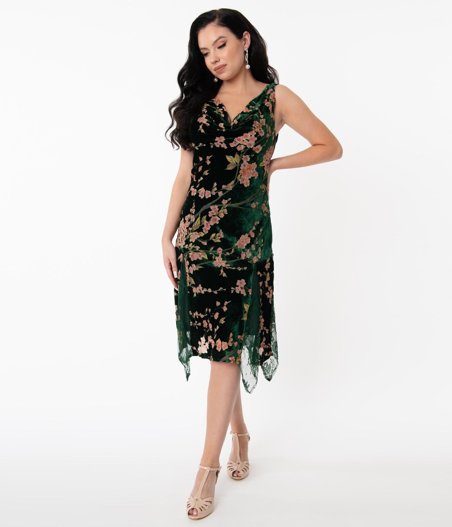 Unique Vintage 1920s Emerald Velvet Floral Burnout Hemingway Flapper Dress