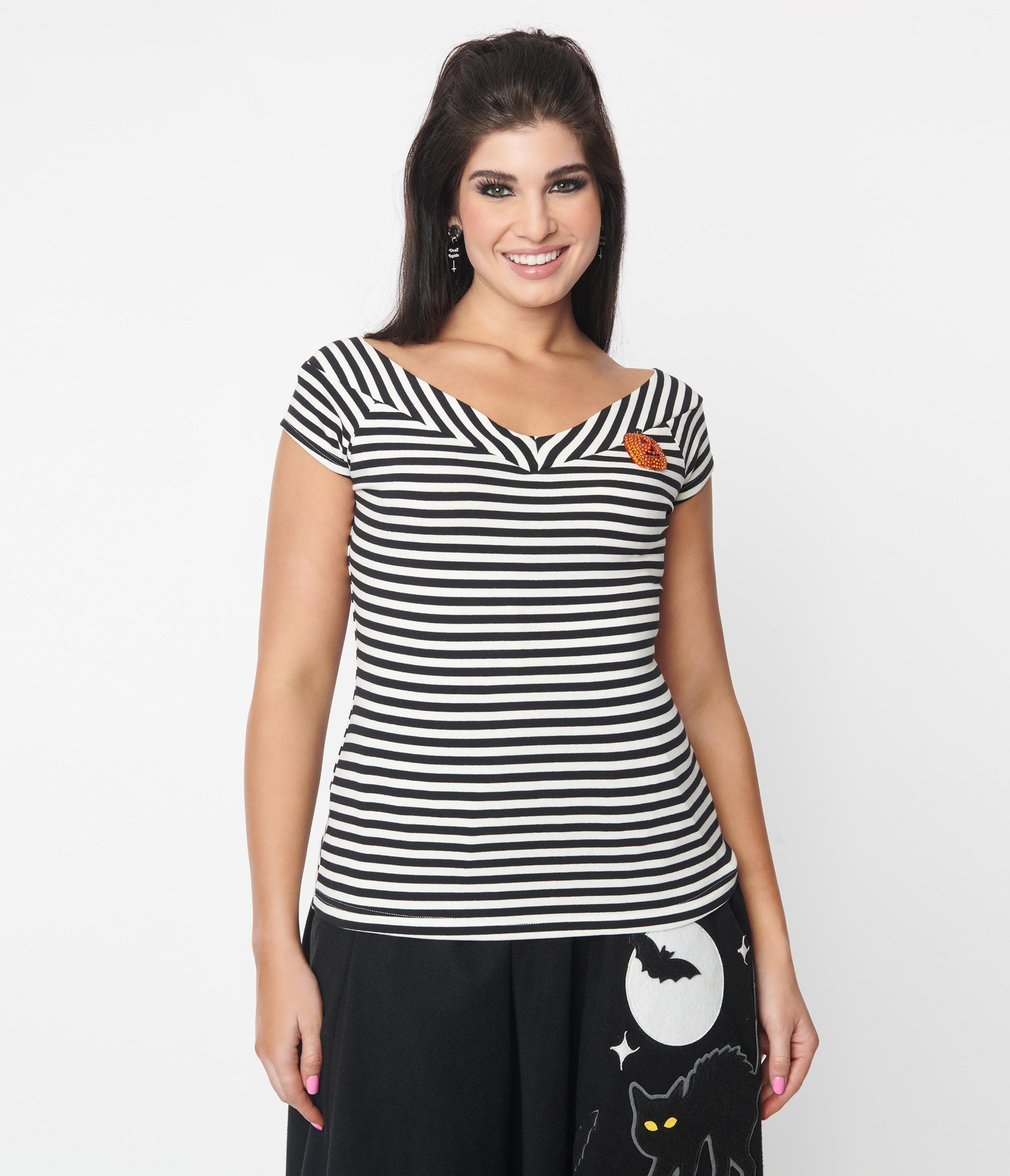 Unique Vintage Black & White Stripe Pumpkin Brooch Deena Top