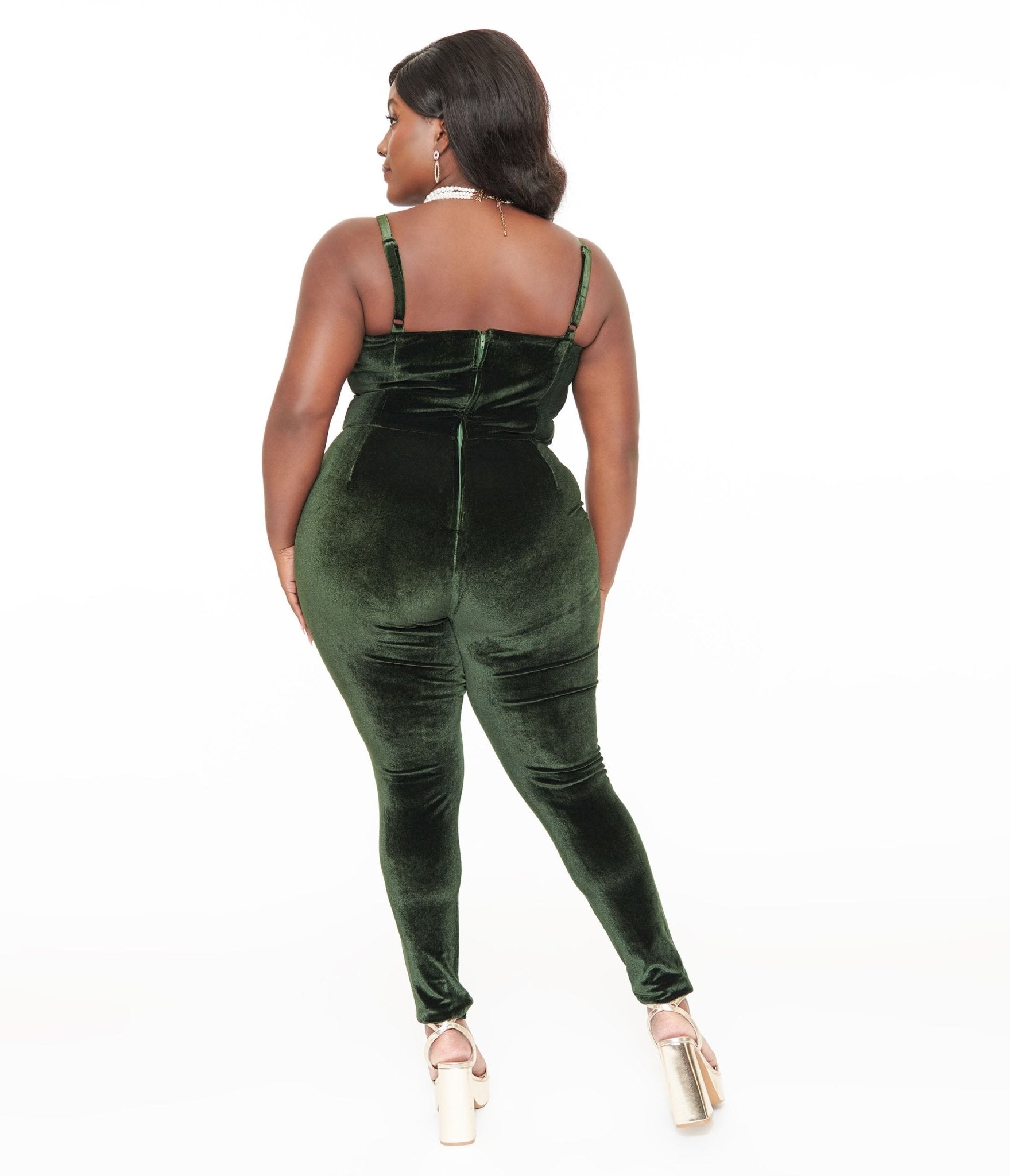 Unique Vintage Plus Size 1970s Dark Green Velvet Jumpsuit