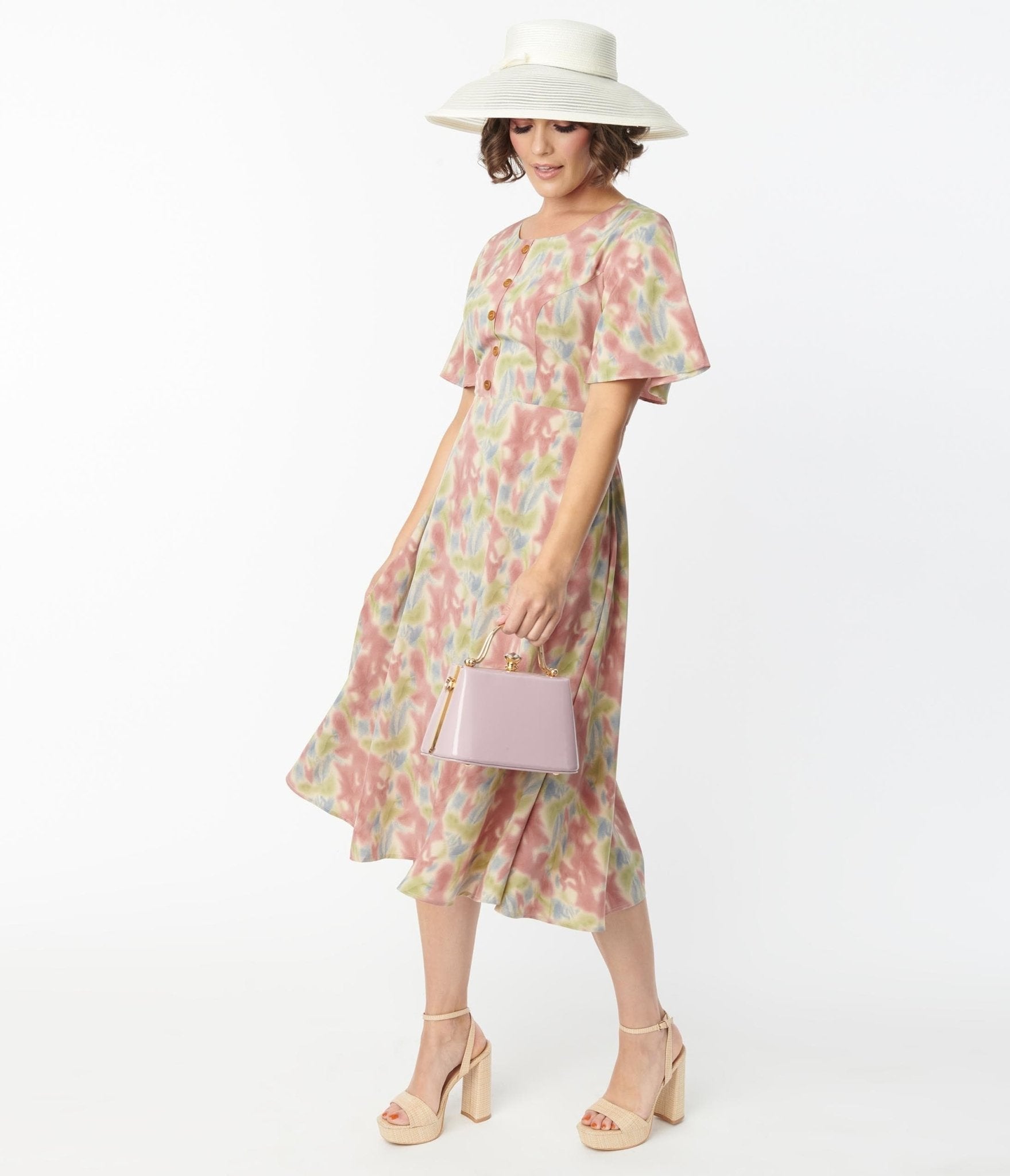 Pink & Blue Watercolor Pattern Festival Midi Dress