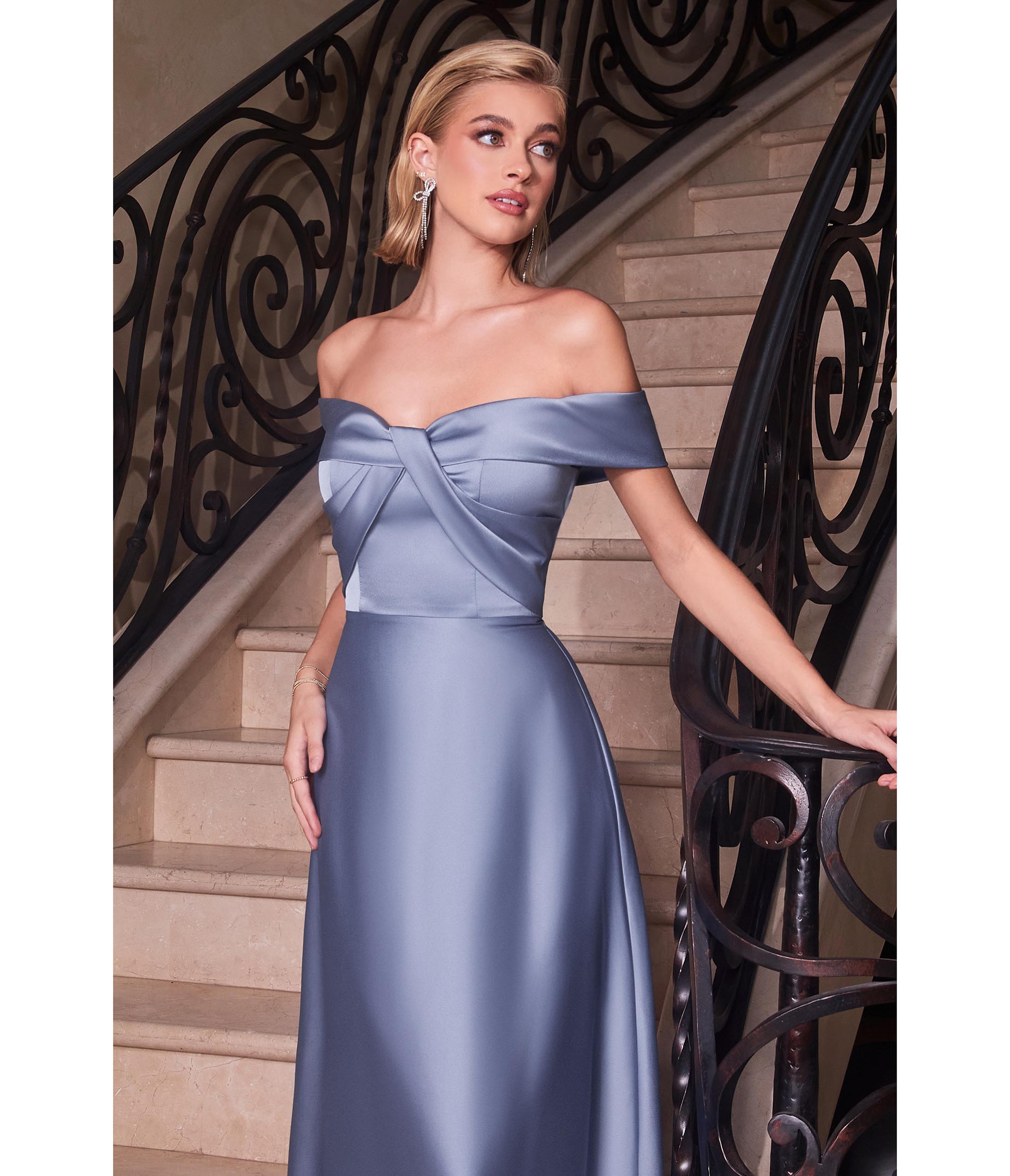 Ladivine by Cinderella Divine Paris Blue Satin Off The Shoulder Prom Gown