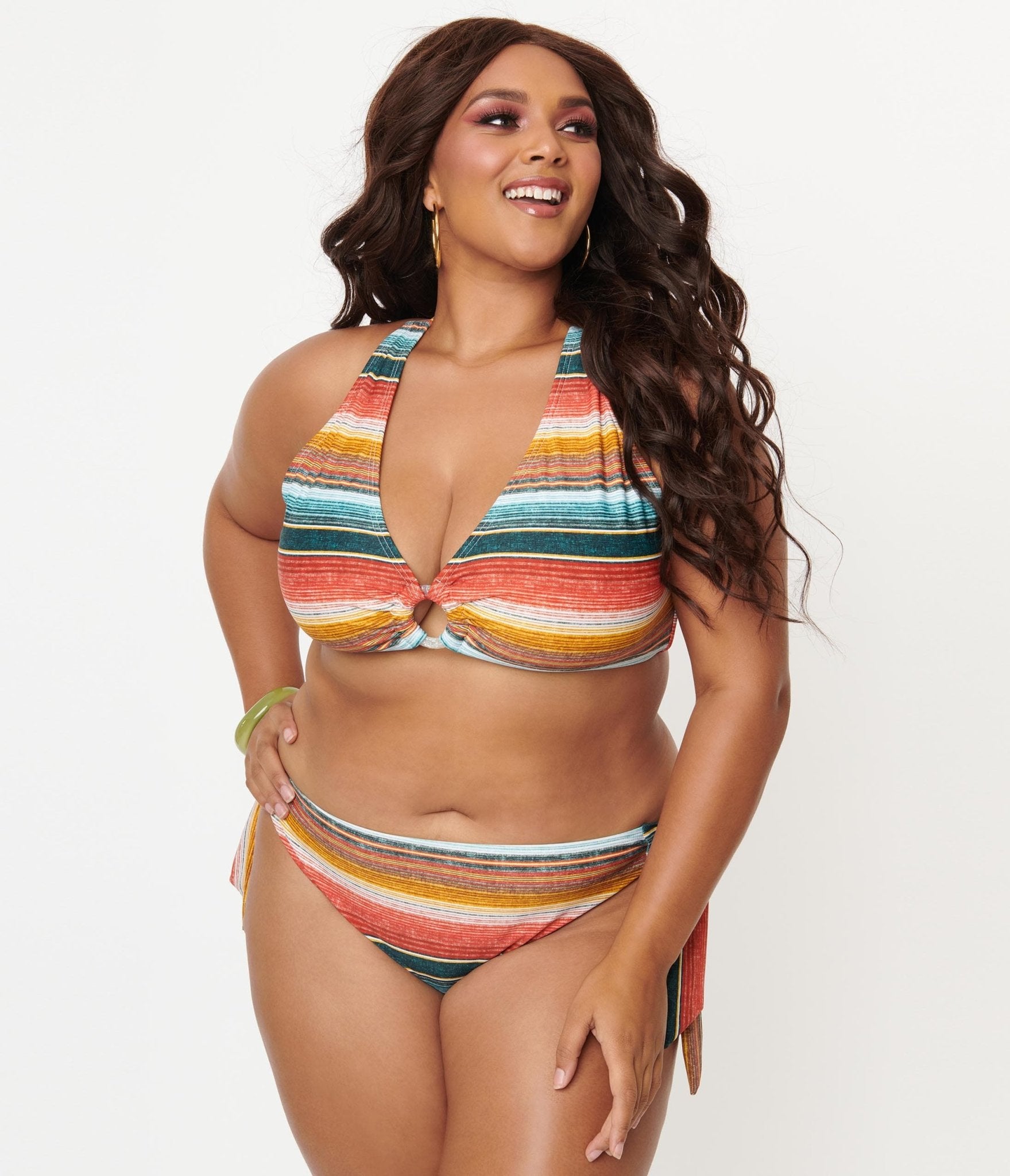 Unique Vintage Plus Size 1970s Serape Stripe Give Us A Ring Swim Top