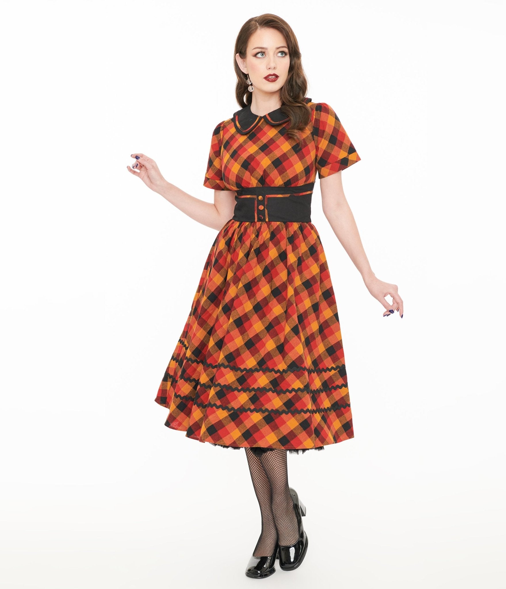 Unique Vintage 1950s Orange & Red Plaid Peter Pan Collar Swing Dress