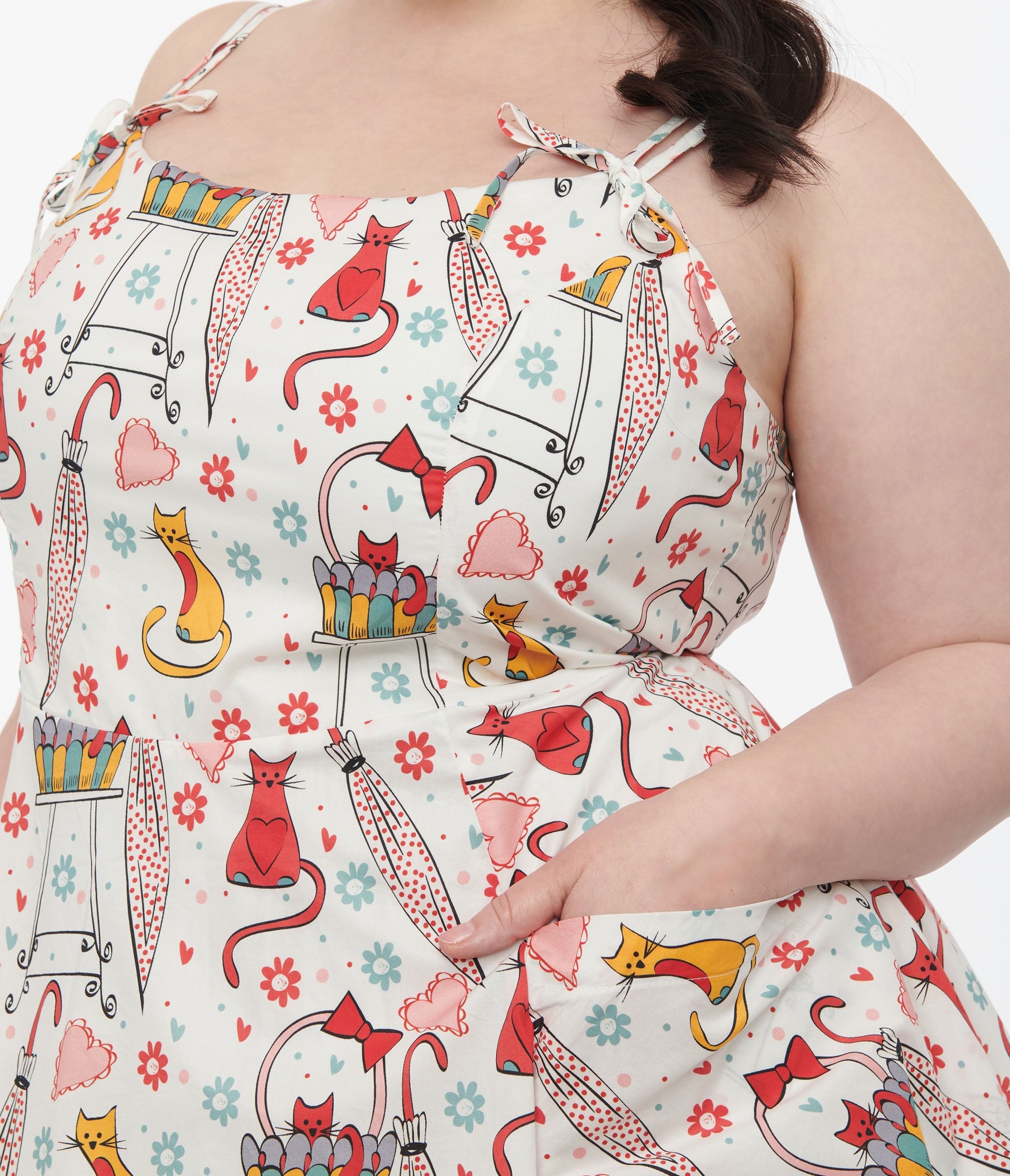 Unique Vintage Plus Size 1950s Red & Yellow Cat Print Cotton Bobbie Swing Dress