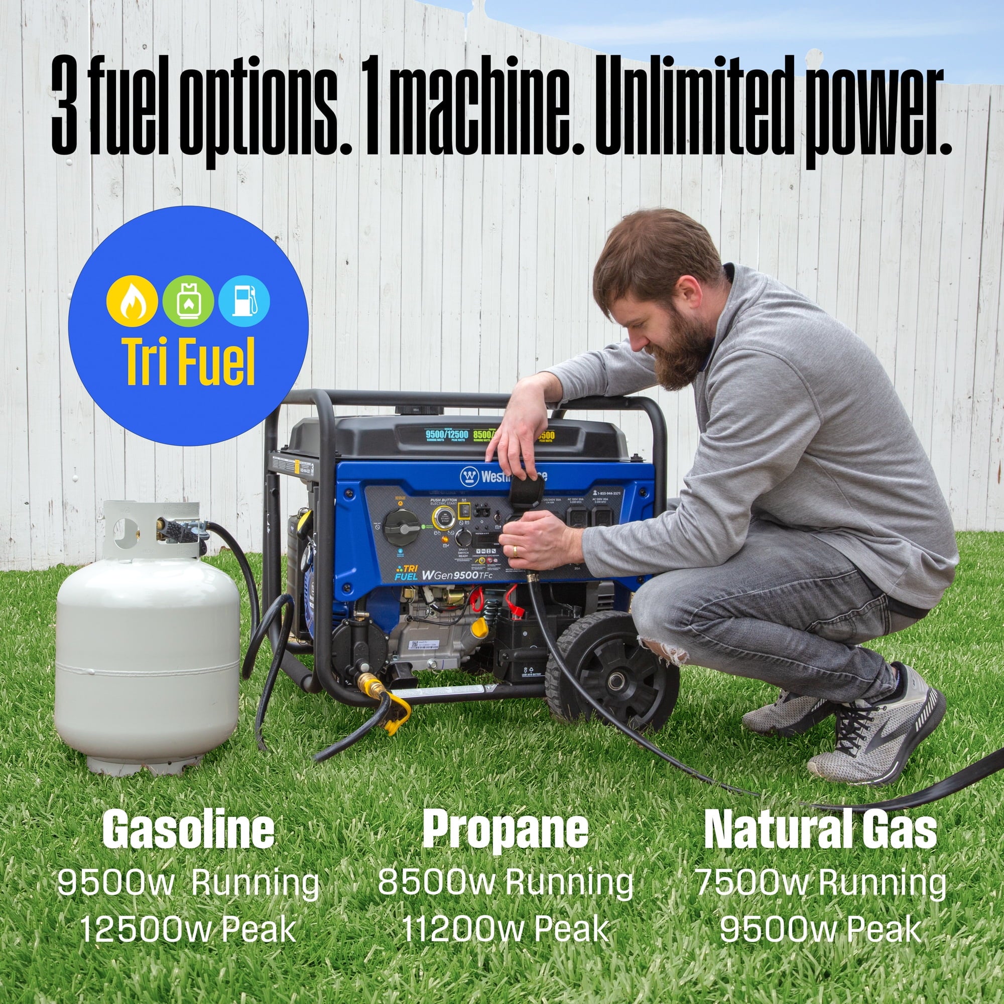 Westinghouse WGen9500TFc 12,500 Peak Watt Tri-Fuel Portable Generator, CO Sensor, Gas, Propane or Natural Gas