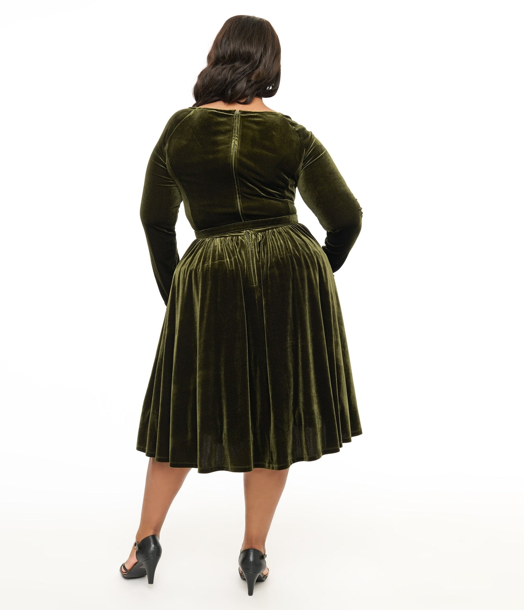 Unique Vintage Plus Size 1950s Dark Olive Velvet Sweetheart Swing Dress