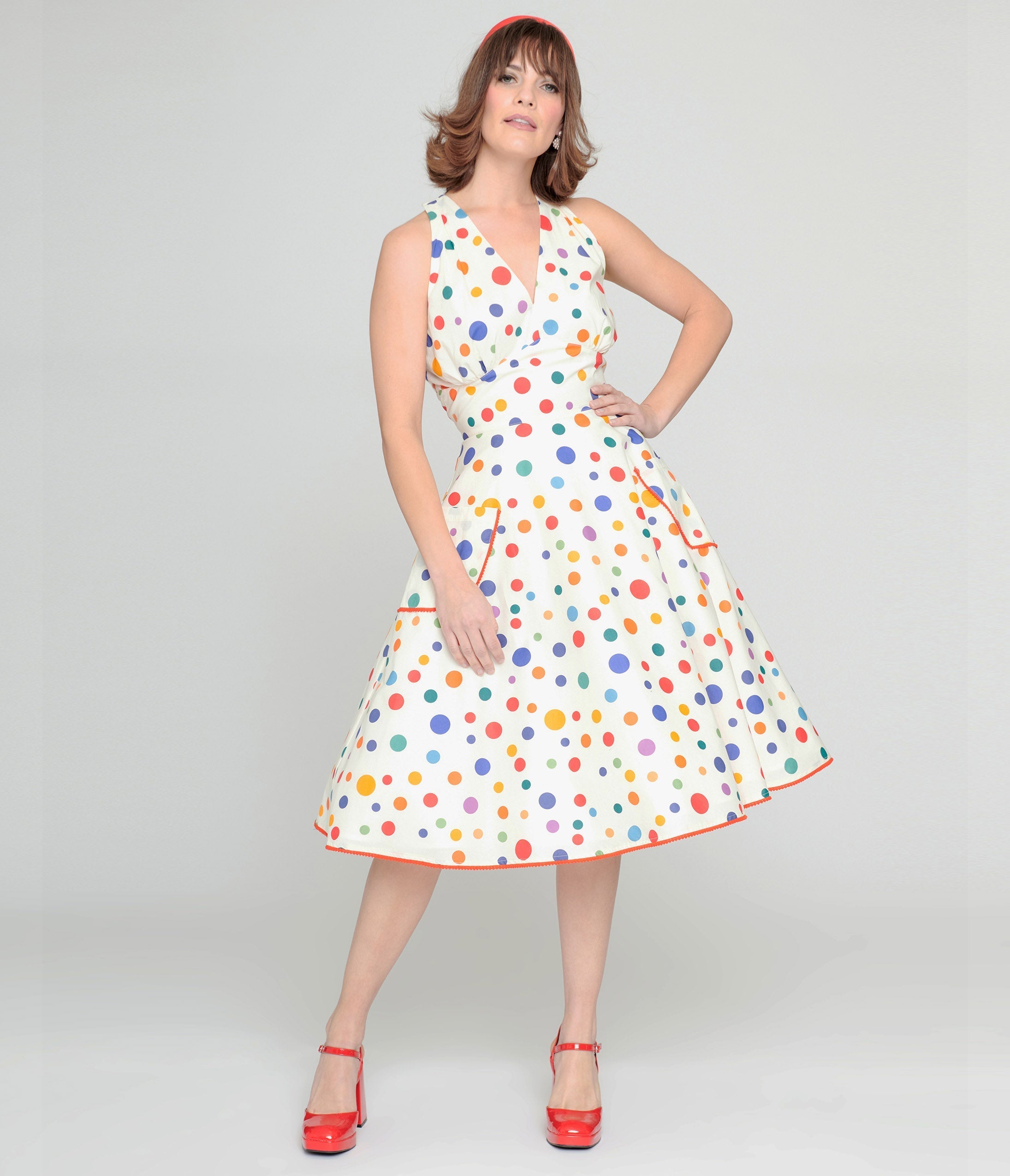 Unique Vintage 1950s Rainbow Polka Dot Cotton Halter Swing Dress