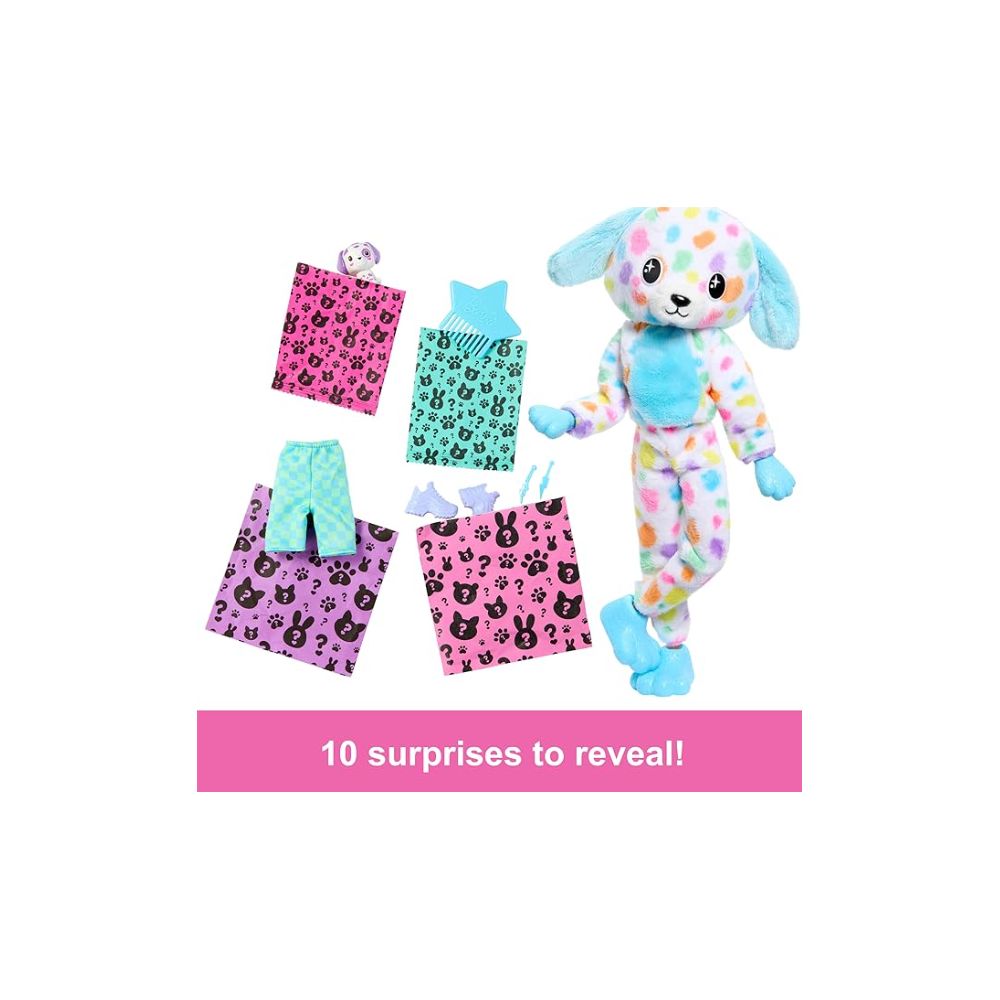 Mattel HRK41 Barbie Cutie Reveal Doll & Accessories, Rainbow Dalmation Costume & 10 Surprises Including Color Change