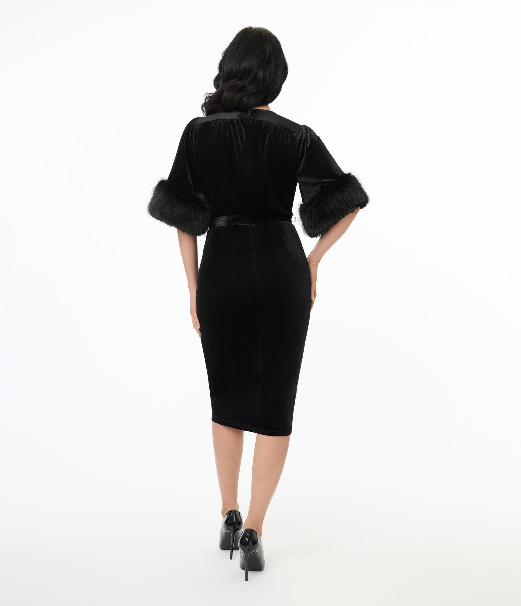 Elle Rebel 1940s Black Velvet Fifth Avenue Wrap Pencil Dress