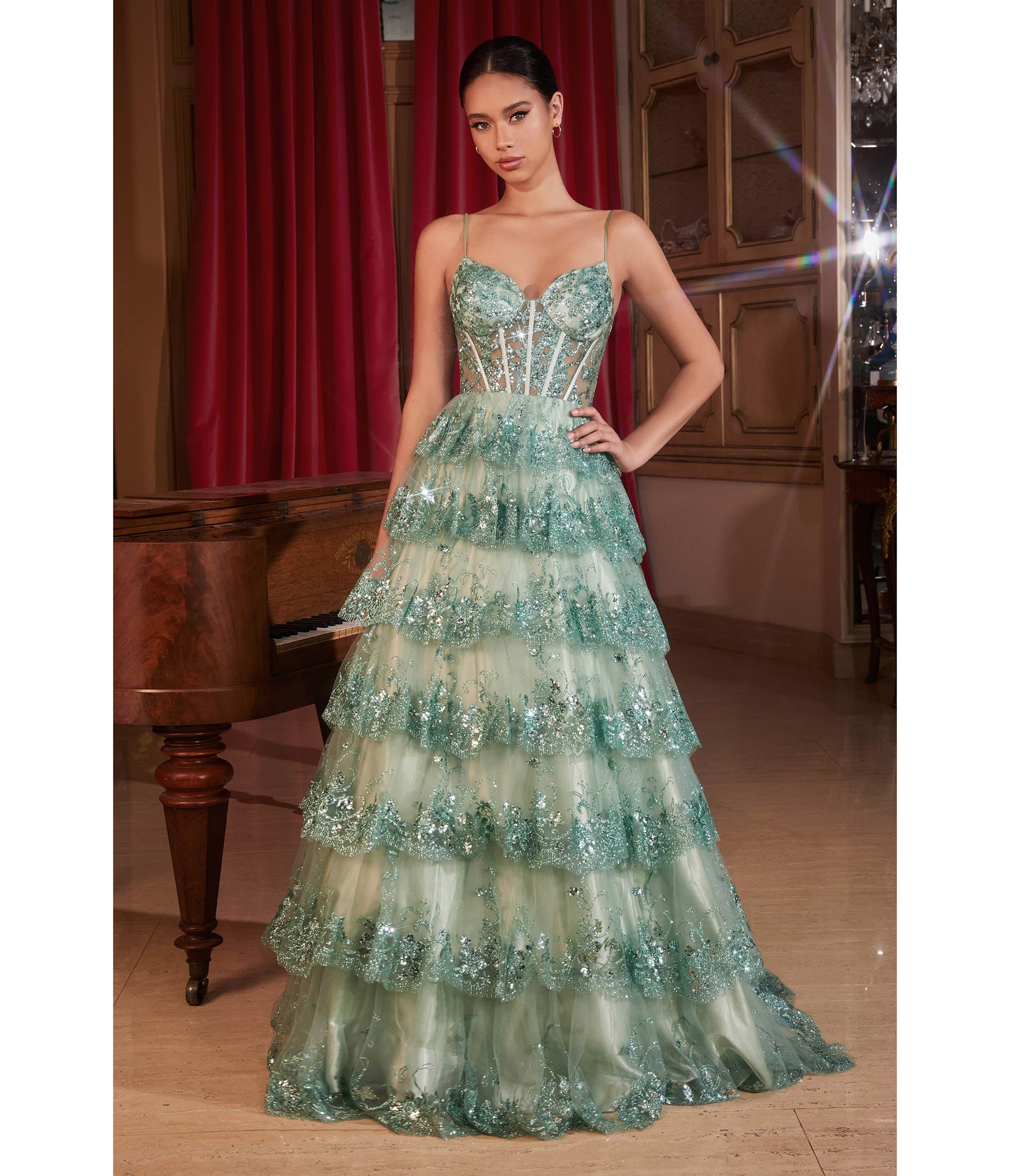 Ladivine by Cinderella Divine Sage Sparkle Tiered Prom Dress