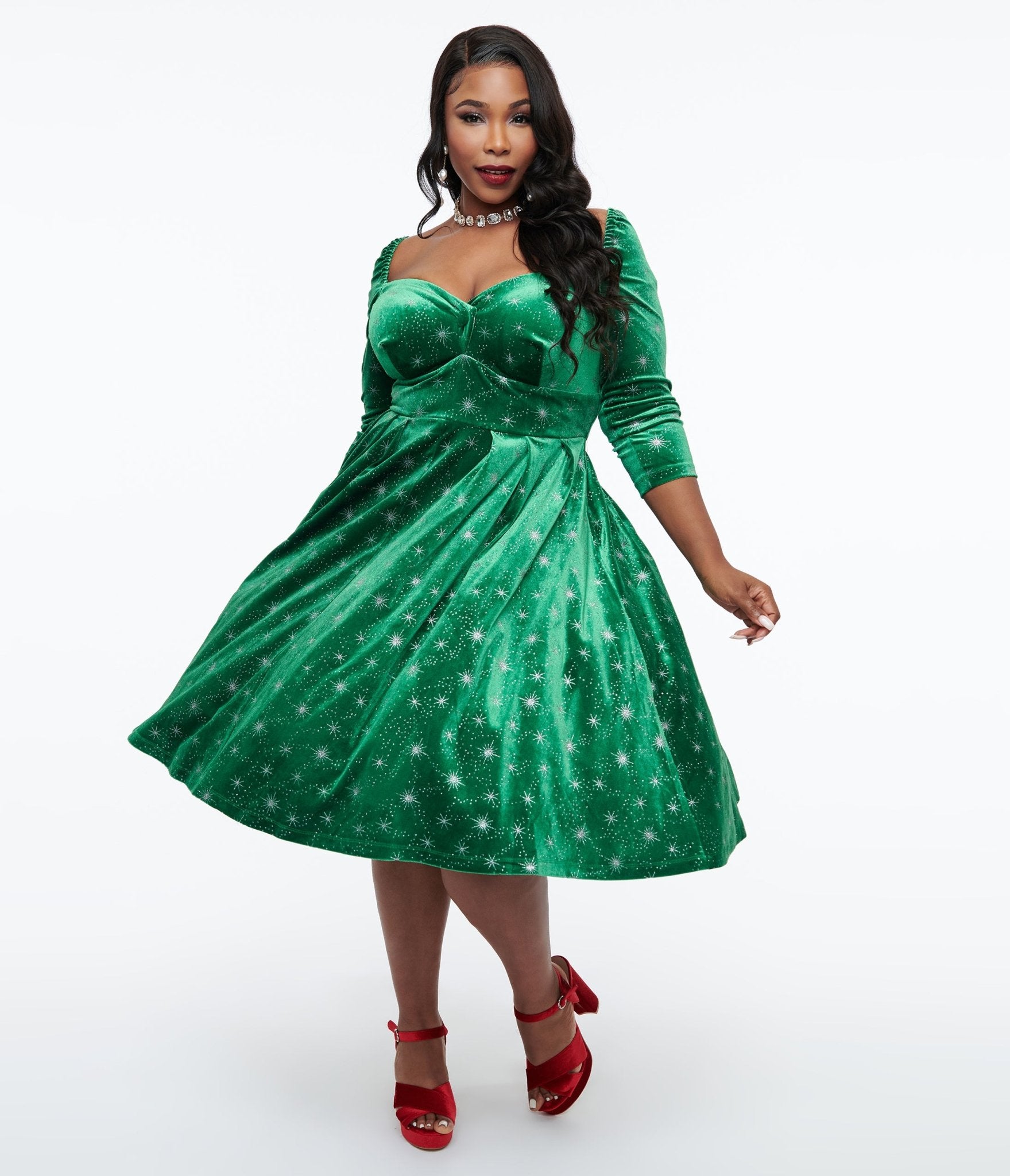 Unique Vintage Plus Size 1950s Green & Silver Snowflake Velvet Lamar Swing Dress