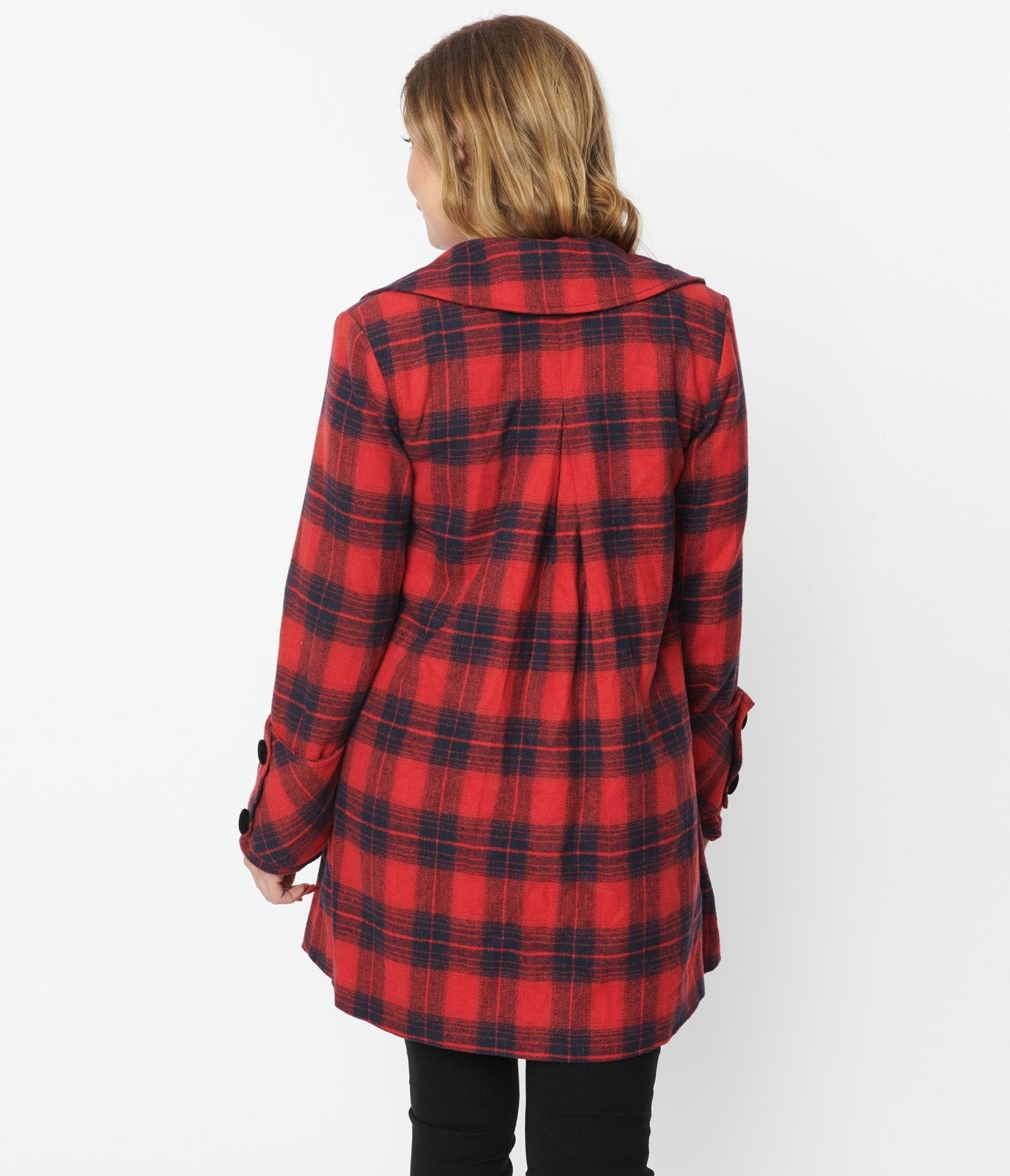 Unique Vintage Red & Navy Plaid Peacoat