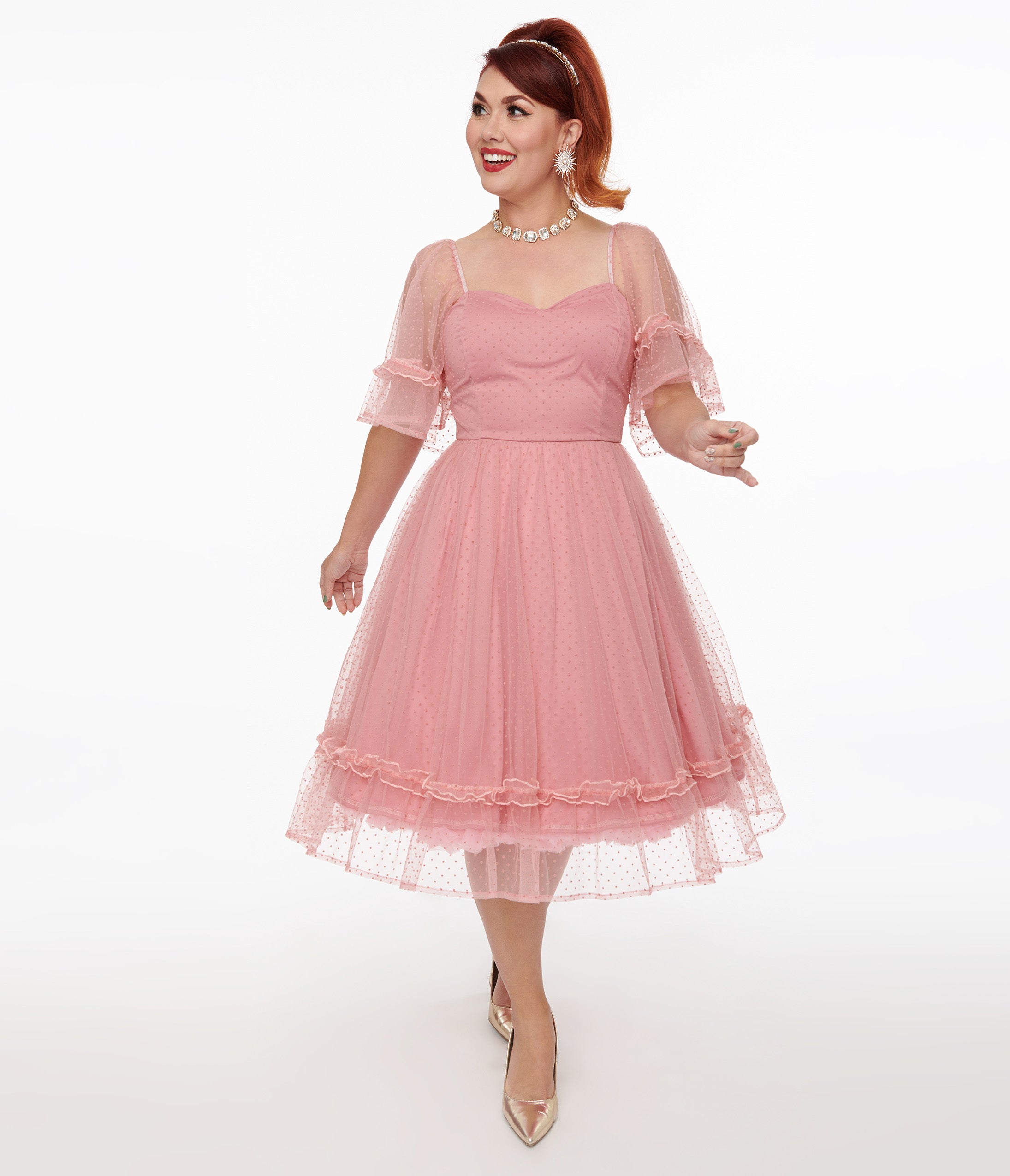 Unique Vintage 1950s Rose Ruffle Sweetheart Swing Dress