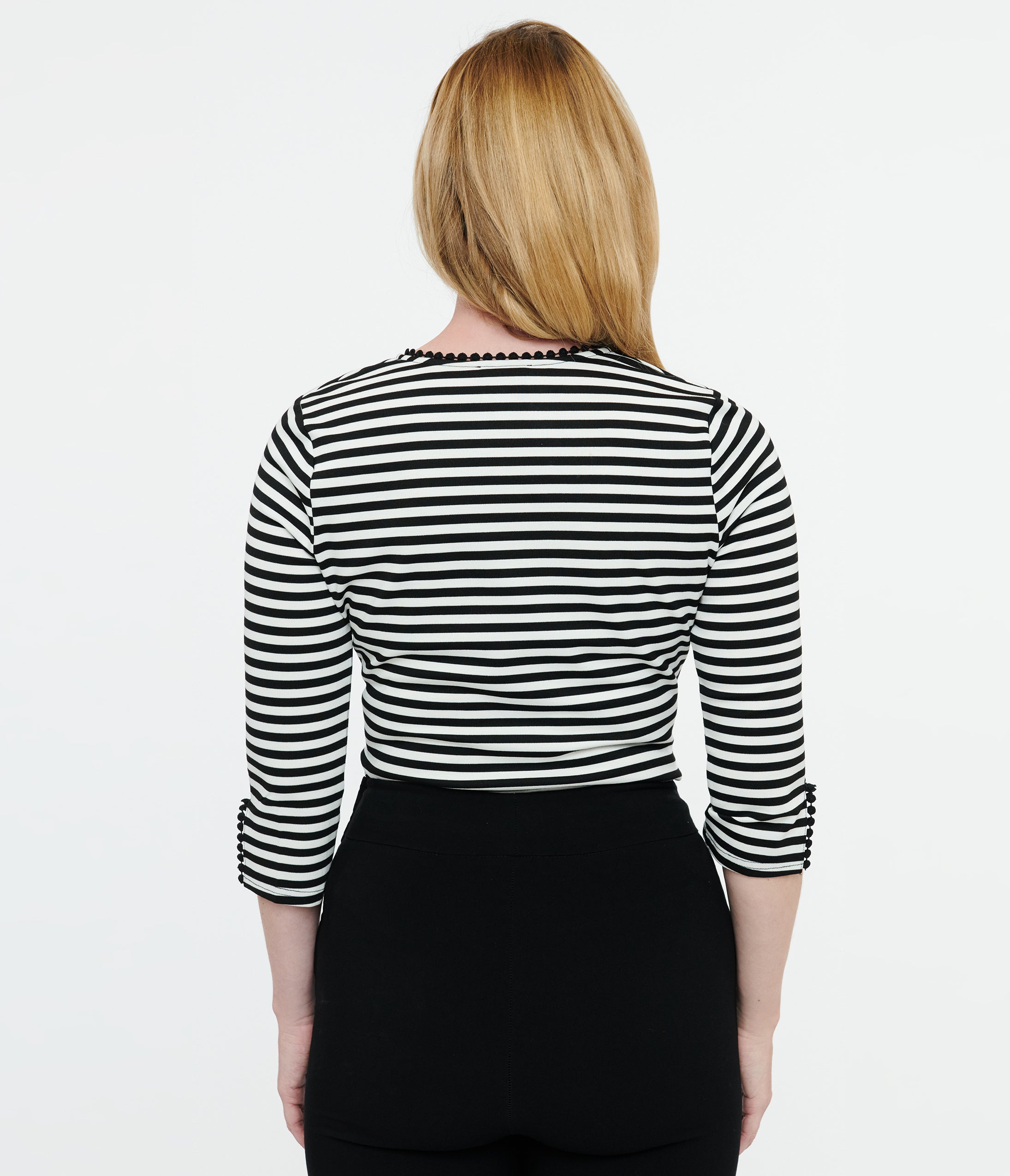 Unique Vintage 1950s Black & White Stripe Cutout Neck Tie Top