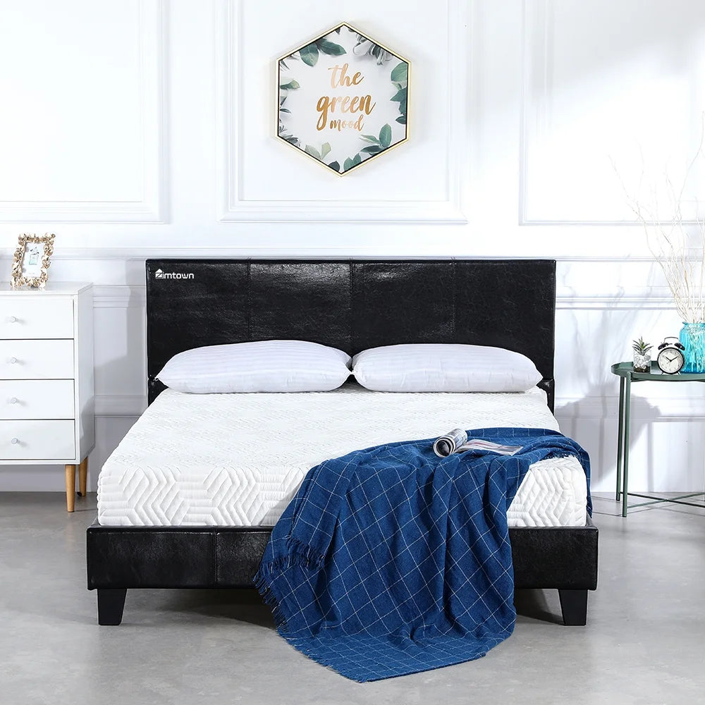 Zimtown Faux Leather Upholstered Twin Size Modern Platform Bed Frame , Black