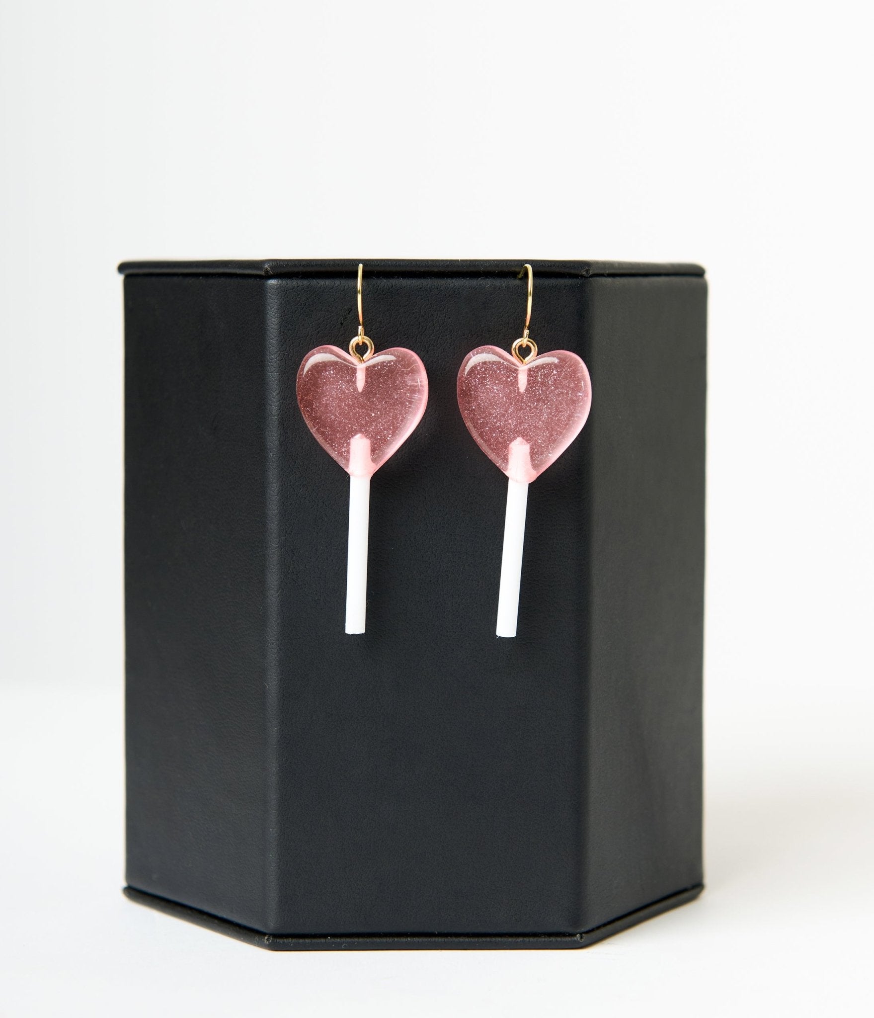 Glittery Pink Heart Lollipop Earrings