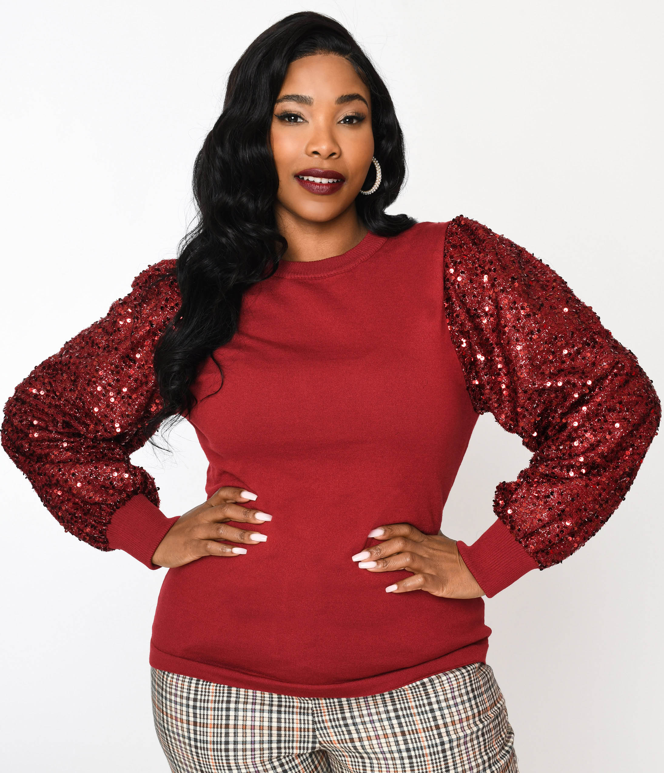 Burgundy Sequin Sleeved Knit Top