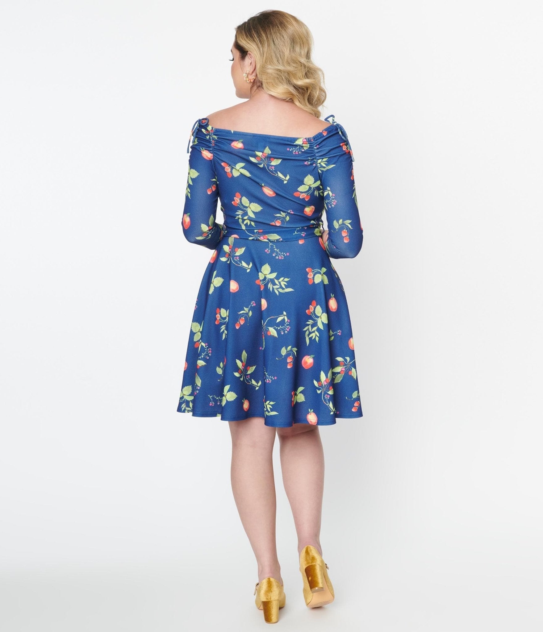 Unique Vintage Navy & Orchard Print Off Shoulder Flare Dress