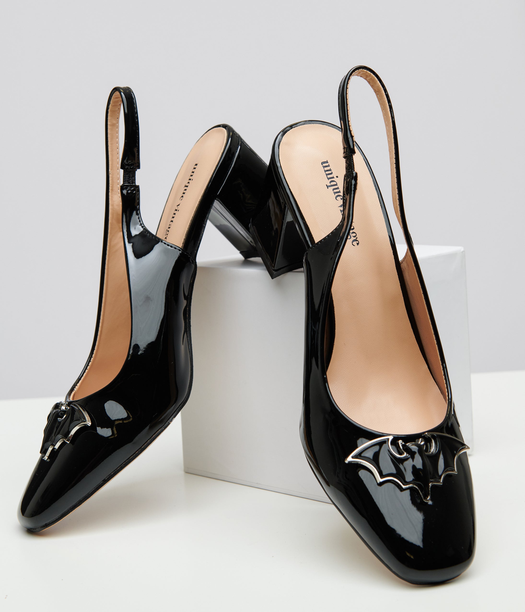 Unique Vintage Black Bat Leatherette Slingback Heels