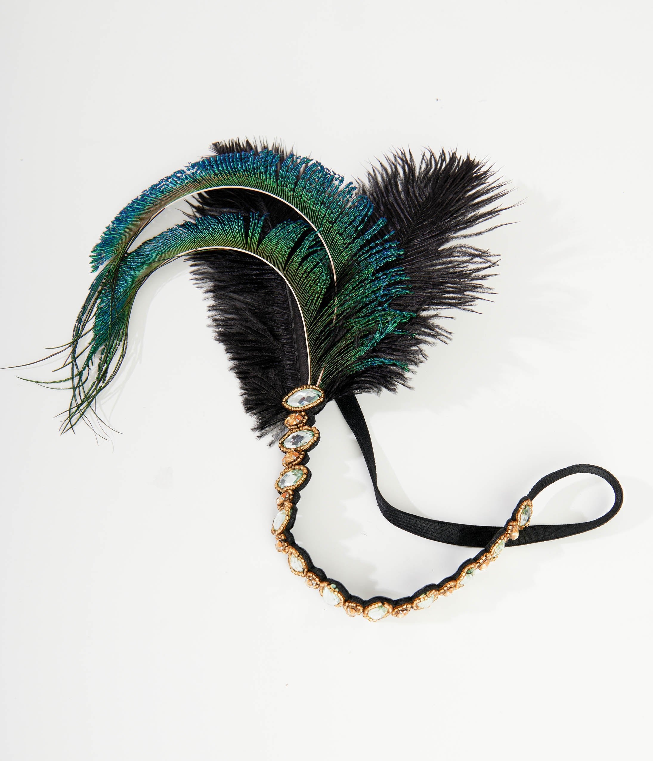 Unique Vintage 1920s Emerald Feather & Silver Rhinestone Headband