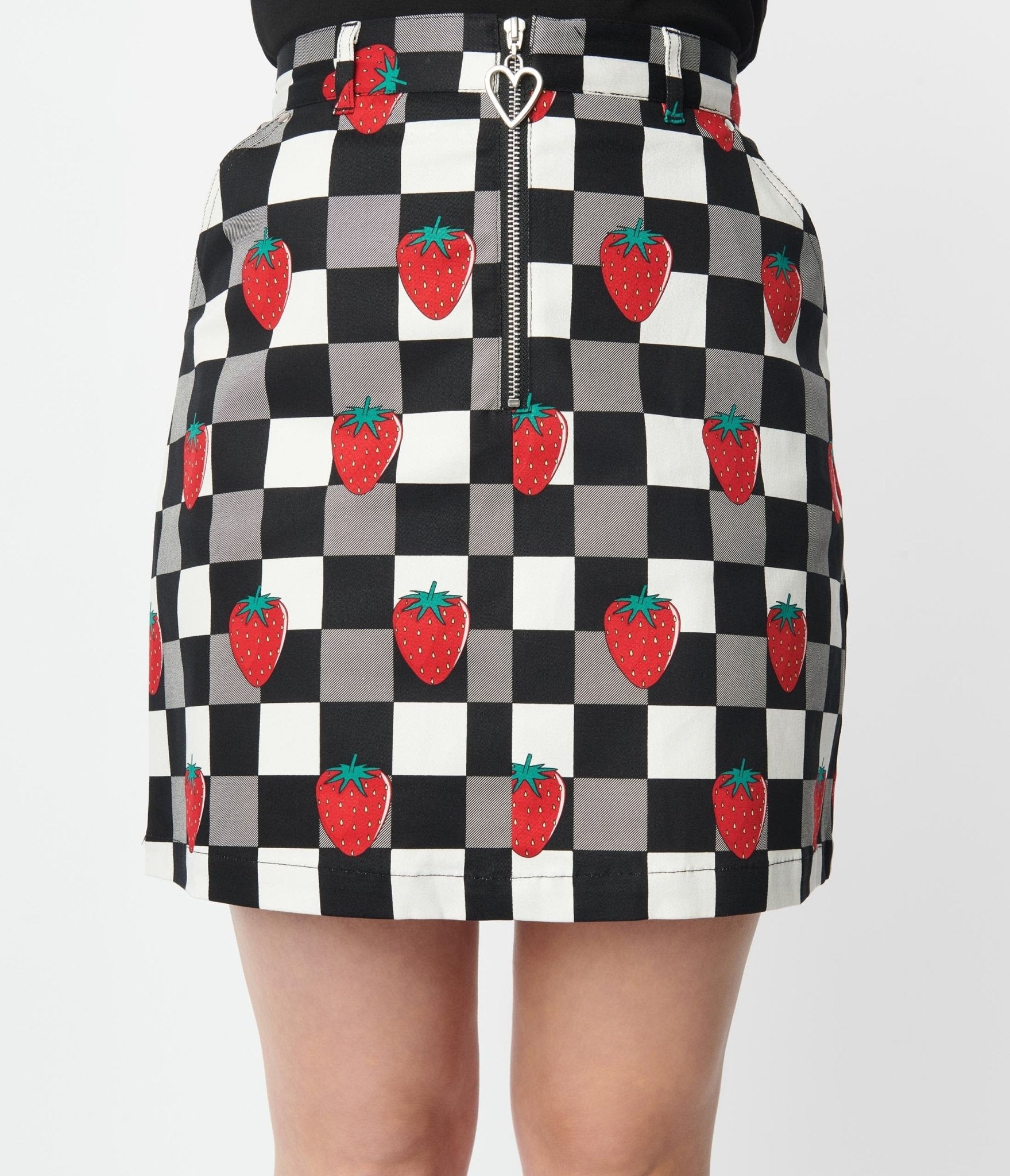 Hell Bunny Black & White Check & Strawberry Denim Mini Skirt