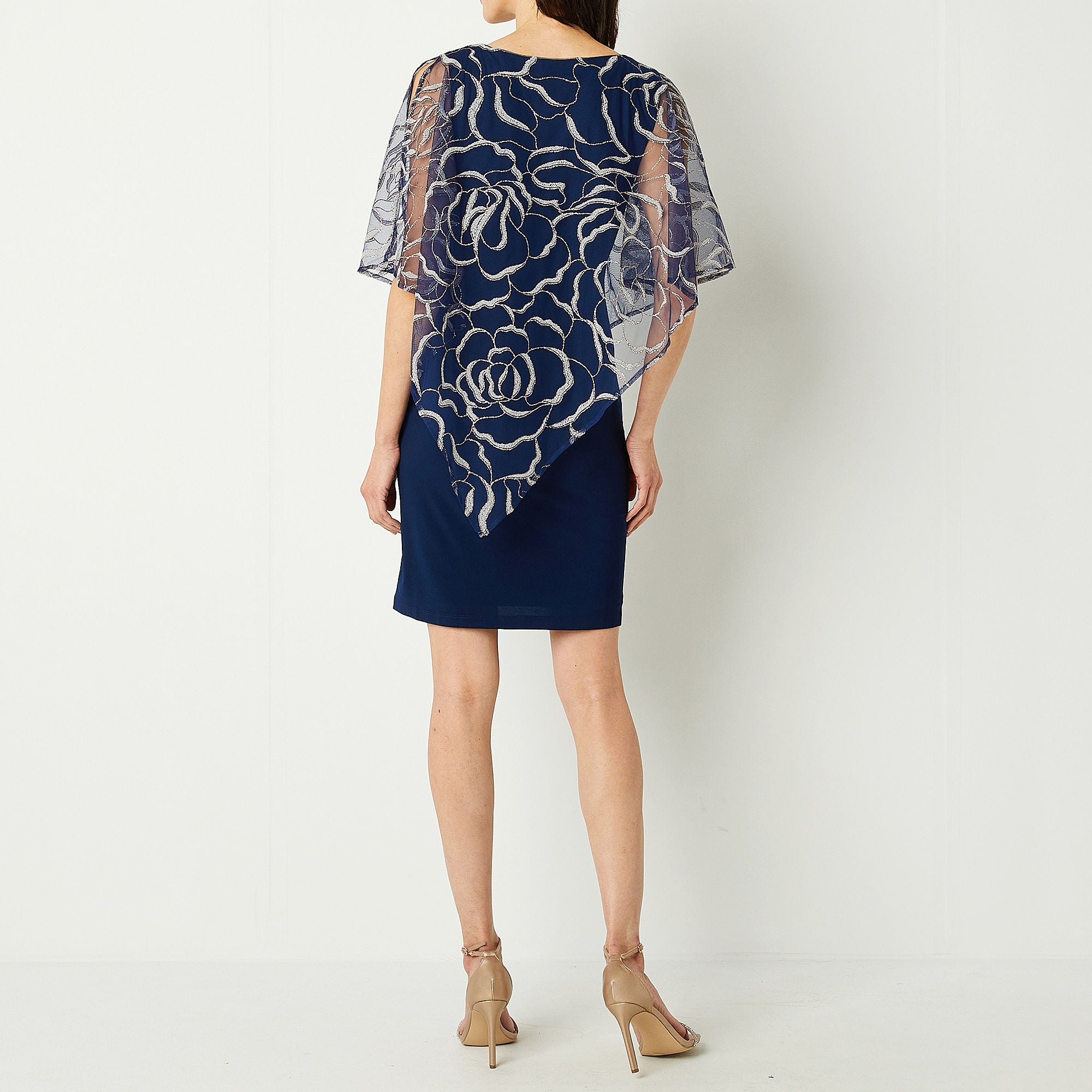 S. L. Fashions Glitter Short Sleeve Sheath Dress - NAVY 8
