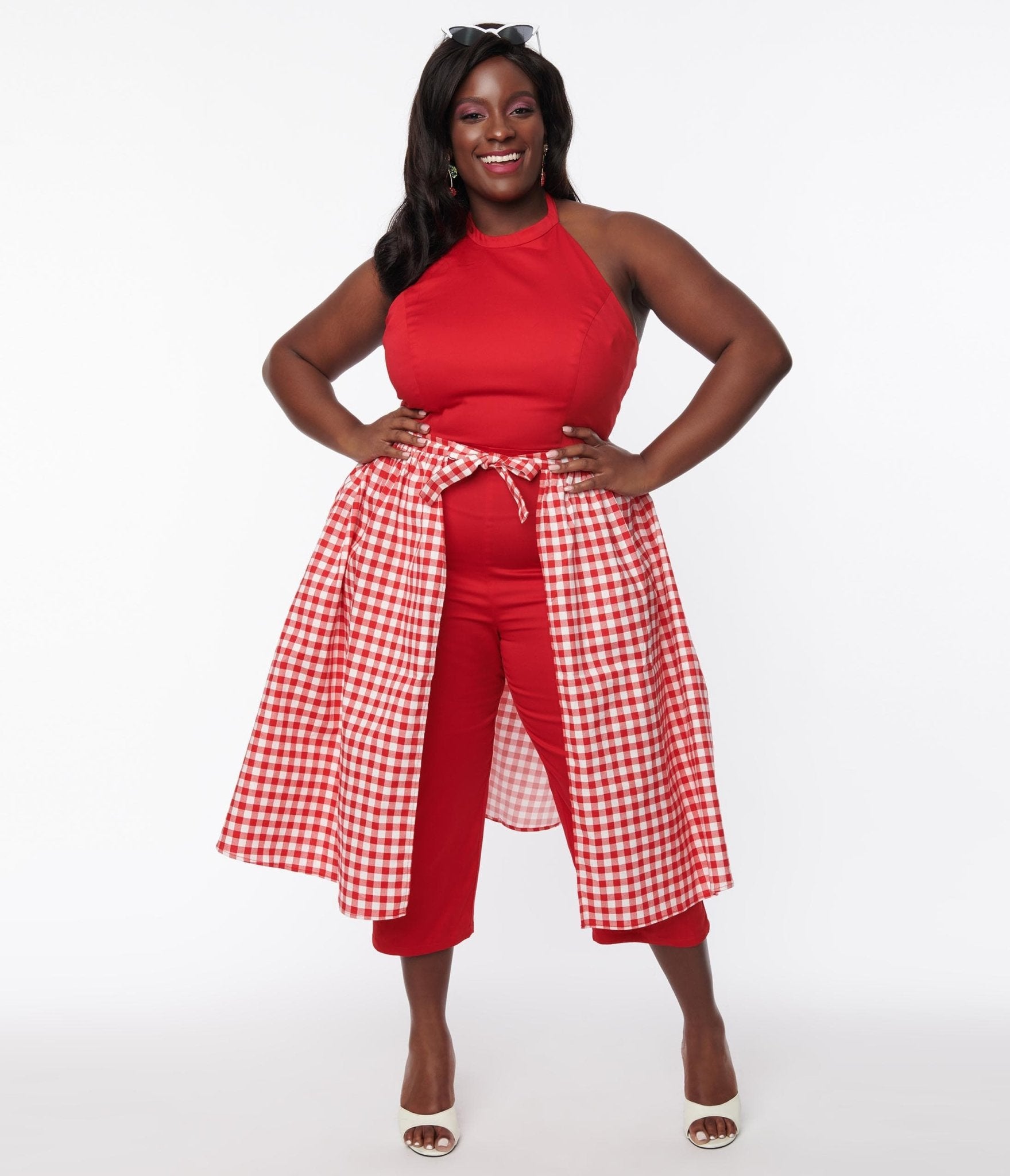 Collectif Plus Size Red Gingham Skirted Midge Jumpsuit Set