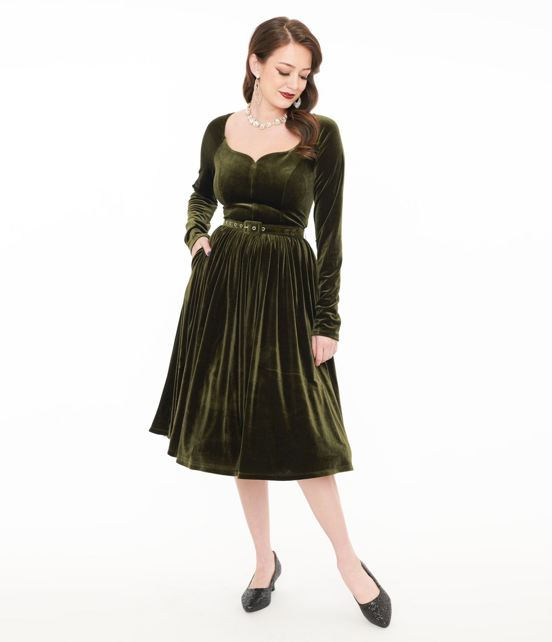 Unique Vintage 1950s Dark Olive Velvet Sweetheart Swing Dress